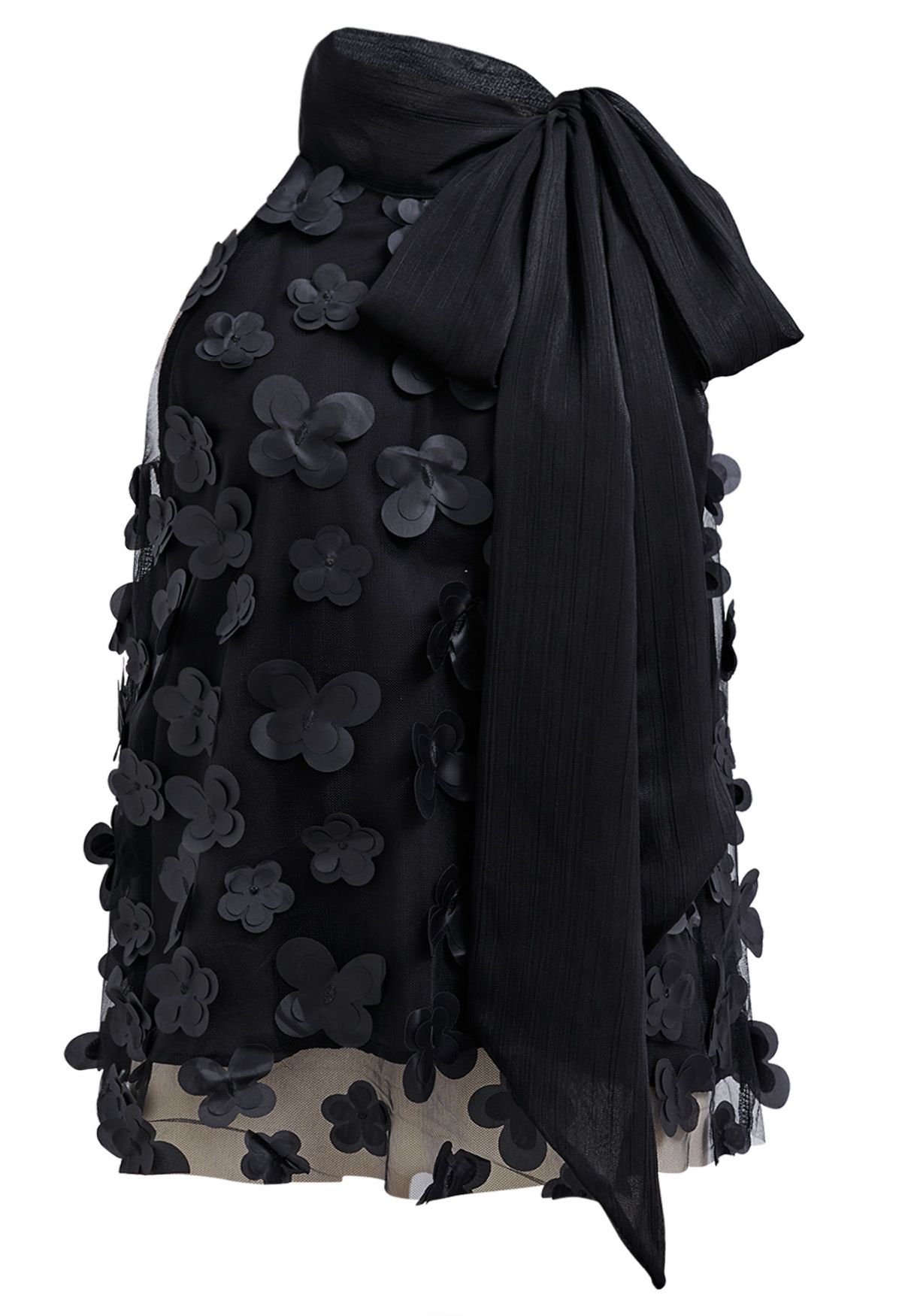 Neckholder-Top aus Netzstoff mit Blumenapplikation und Schleife in Schwarz