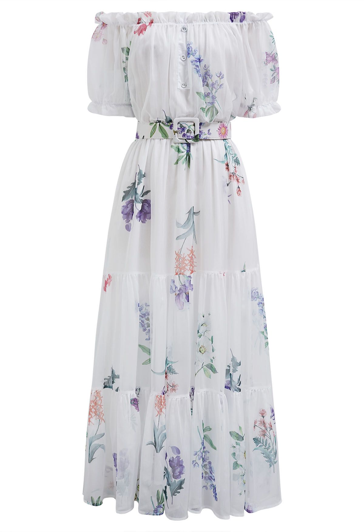 Schulterfreies Chiffonkleid mit botanischem Druck