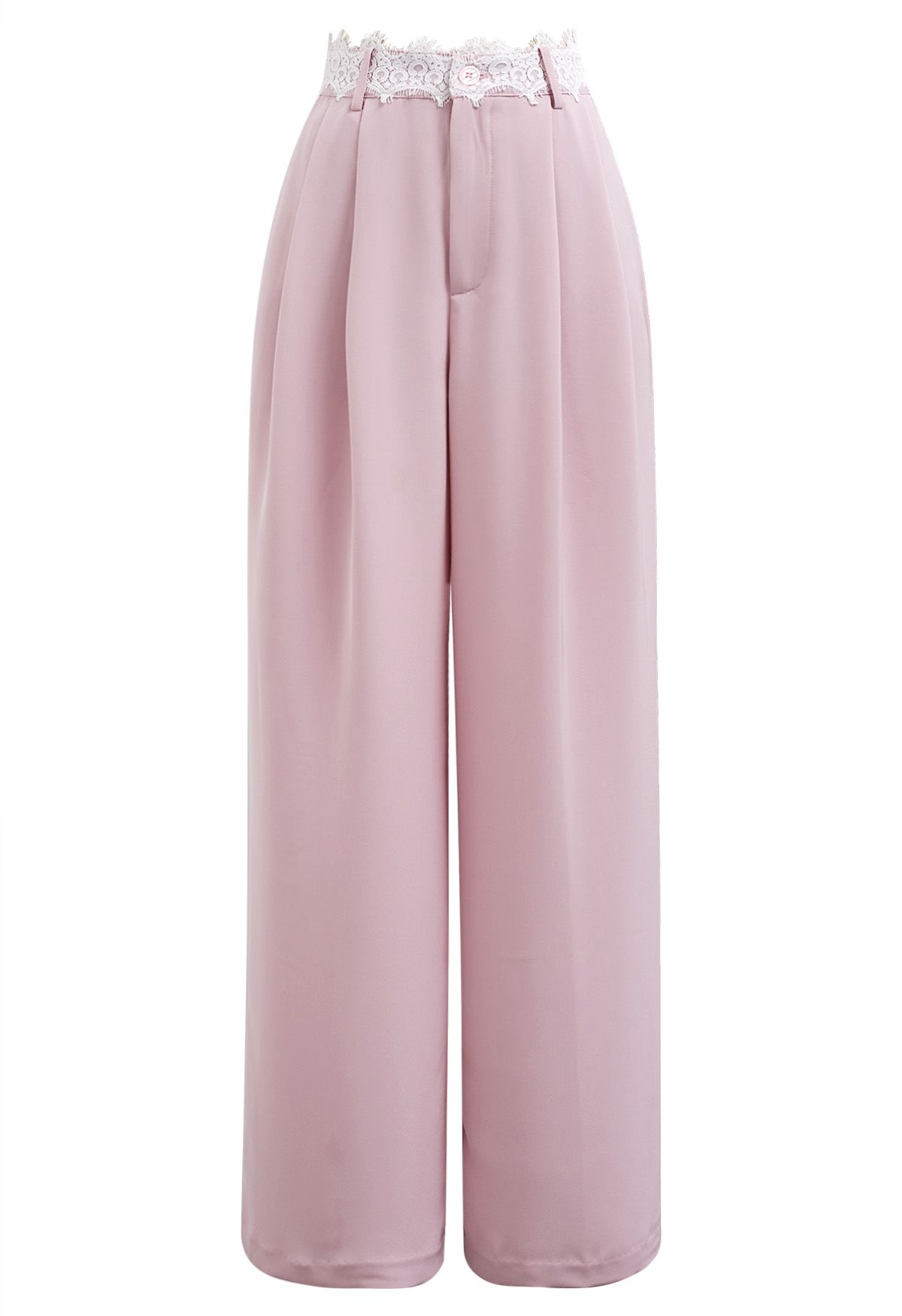 Plissierte Hose mit geradem Bein und Spitzenbund in Rosa