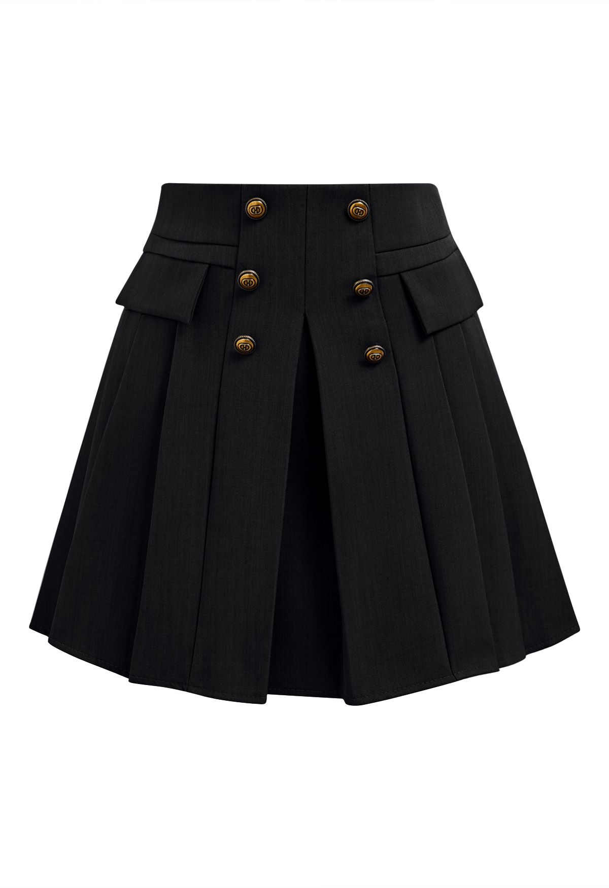 Zweireihiger, plissierter Preppy-Mini-Skort in Schwarz