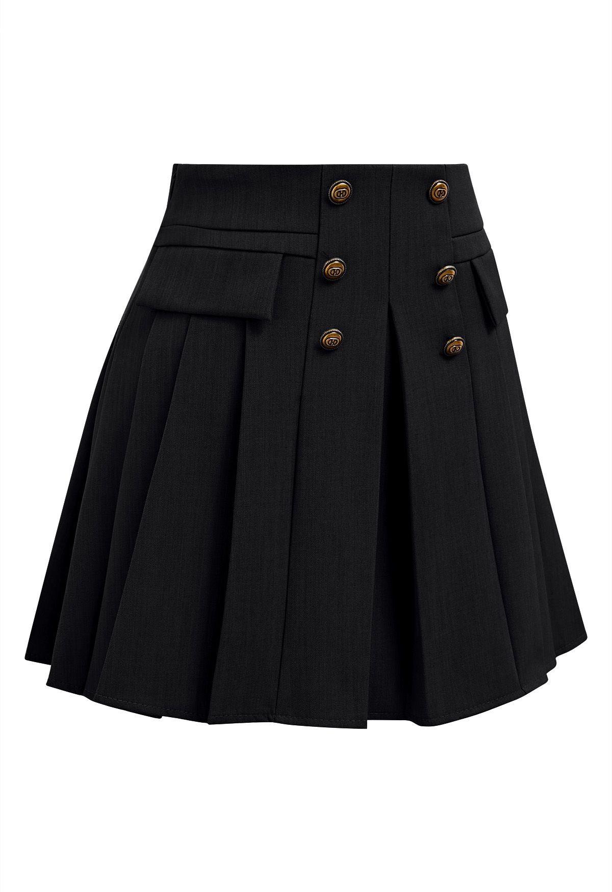 Zweireihiger, plissierter Preppy-Mini-Skort in Schwarz