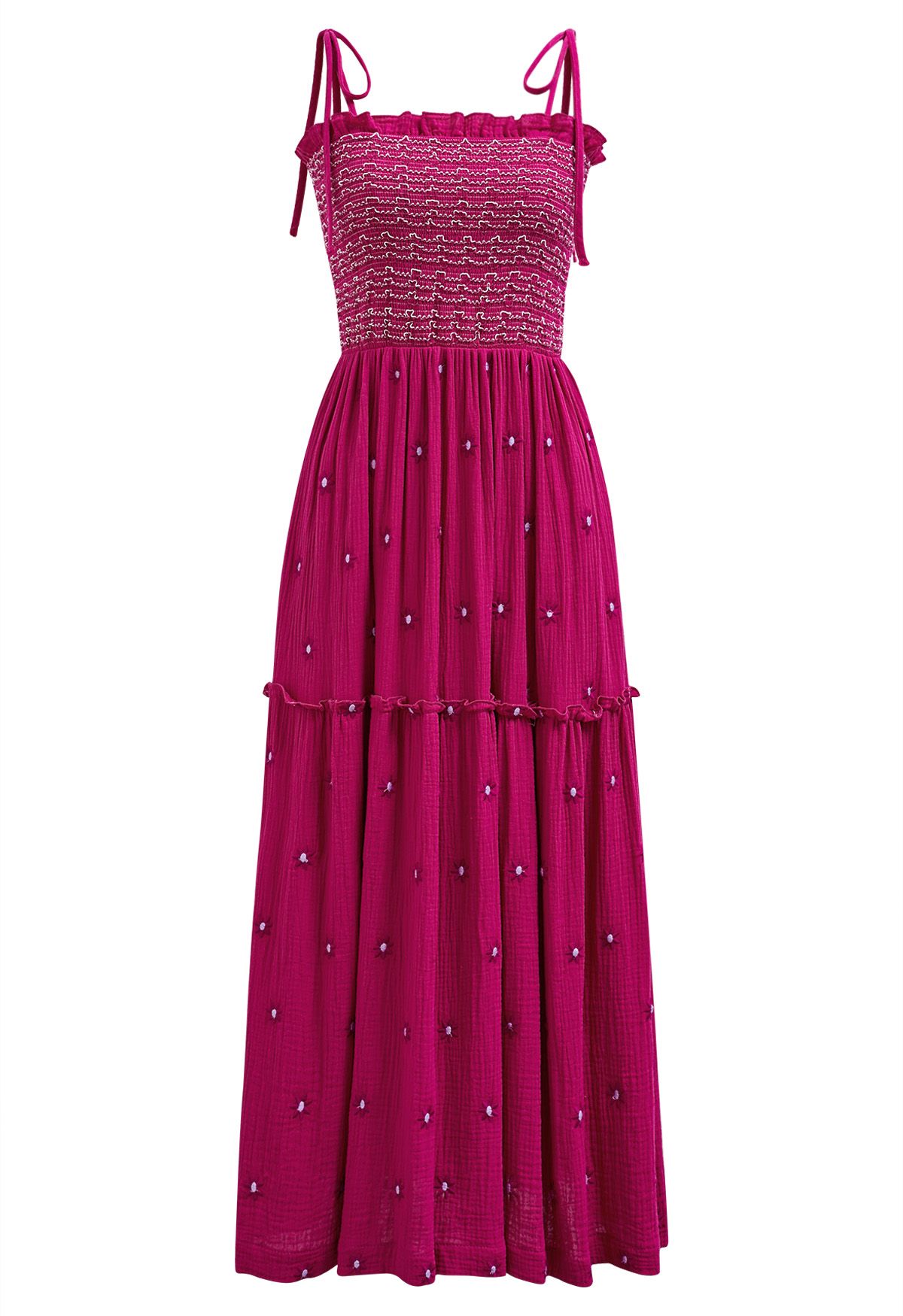 Gerafftes Kleid mit Floret-Stickerei und Bindeband an den Schultern in Pink