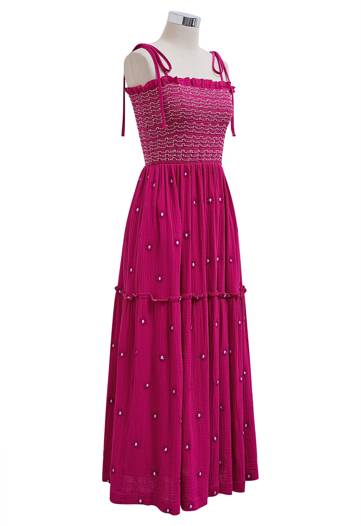 Gerafftes Kleid mit Floret-Stickerei und Bindeband an den Schultern in Pink