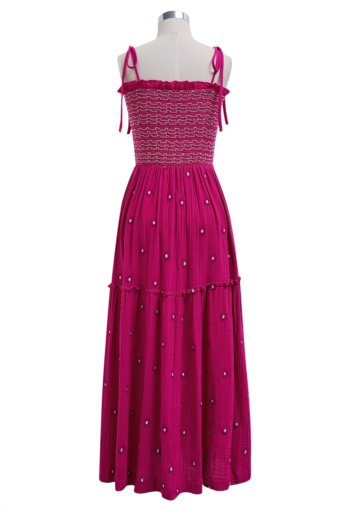 Gerafftes Kleid mit Floret-Stickerei und Bindeband an den Schultern in Pink