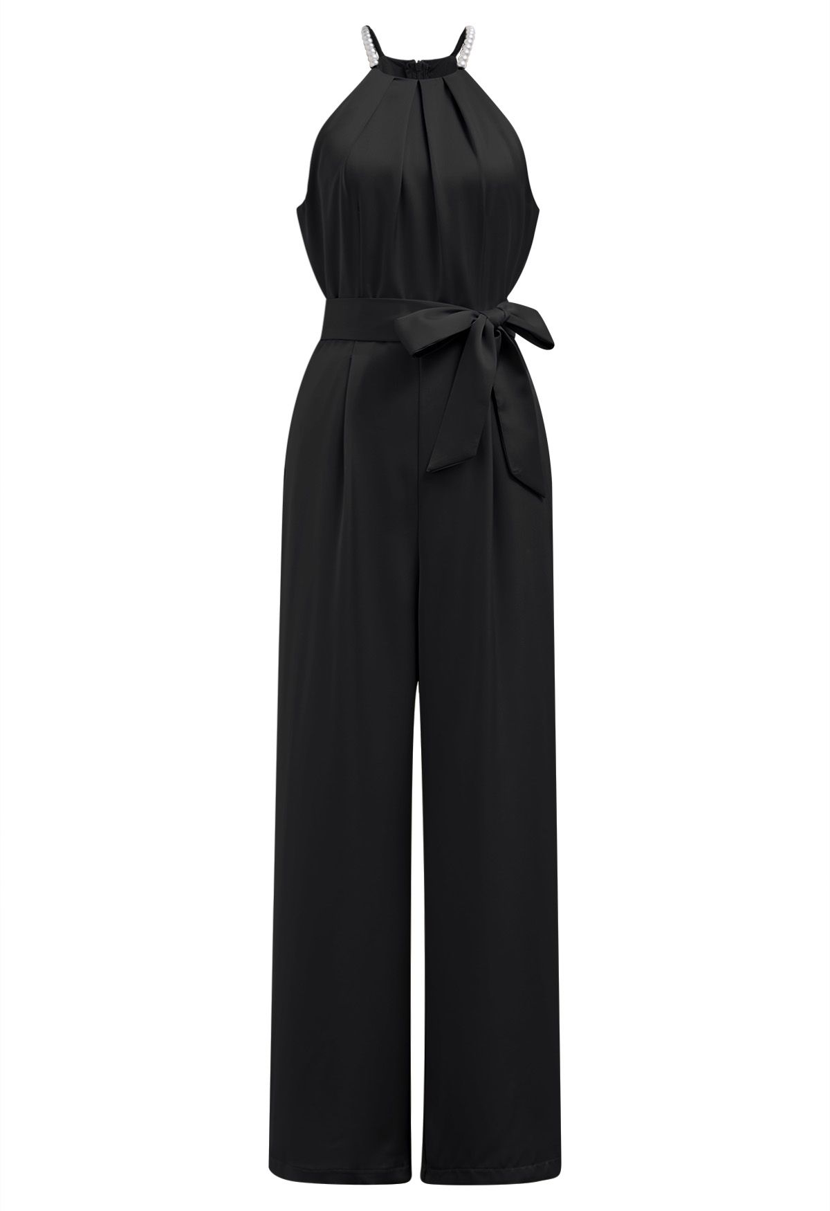 Neckholder-Jumpsuit aus Satin mit Perlenbesatz und Bindegürtel in Schwarz