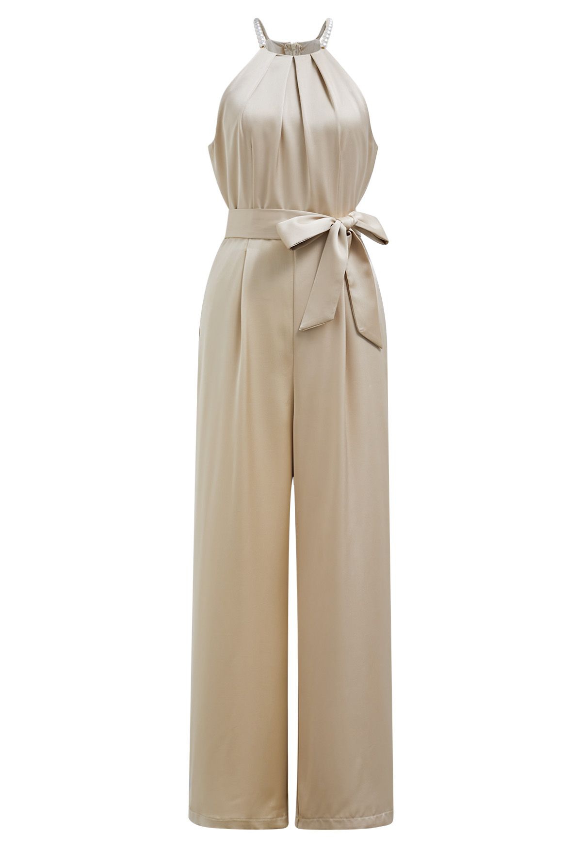 Neckholder-Jumpsuit aus Satin mit Perlenbesatz und Bindegürtel in Sand