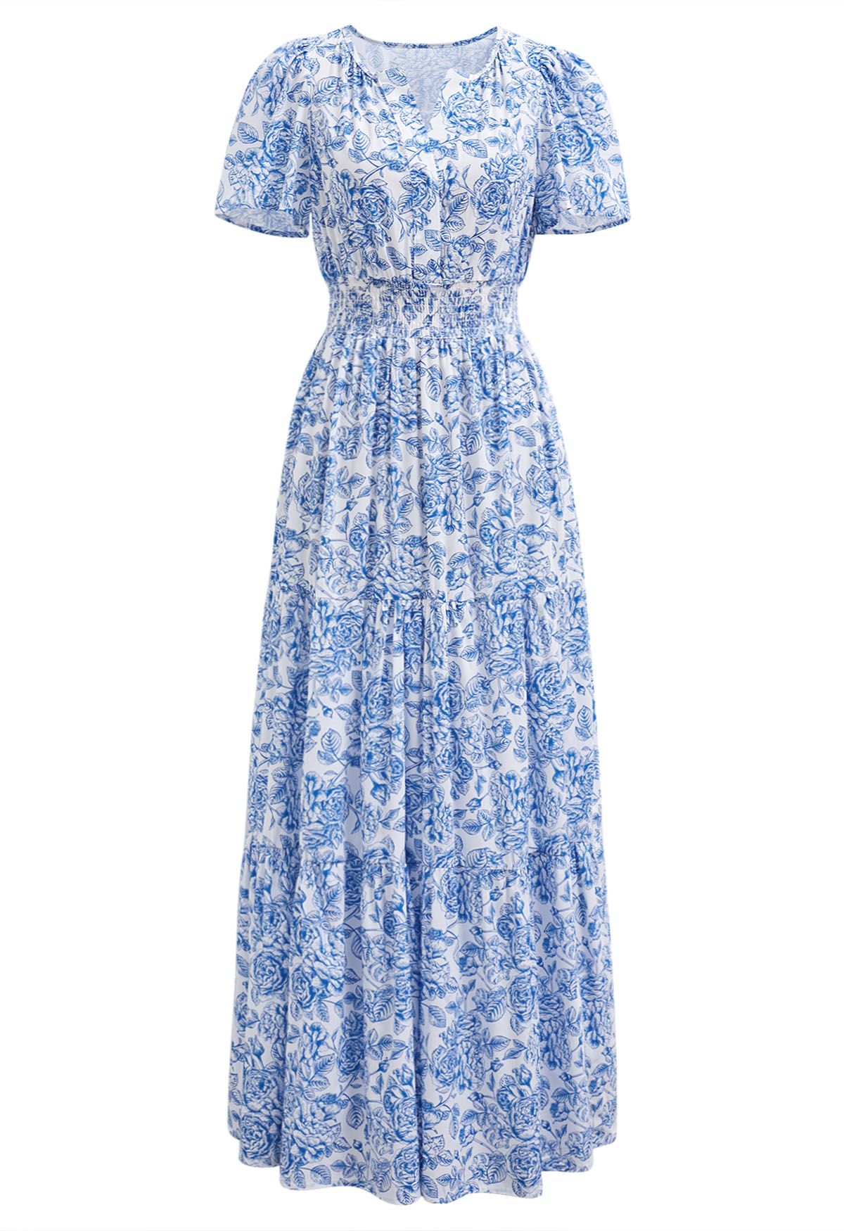 Überschwängliches, blaues Maxikleid mit Blumen-Print