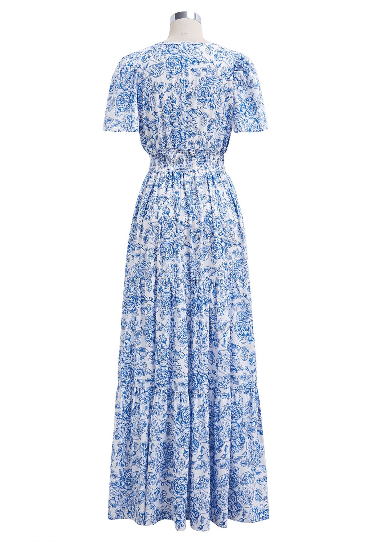 Überschwängliches, blaues Maxikleid mit Blumen-Print