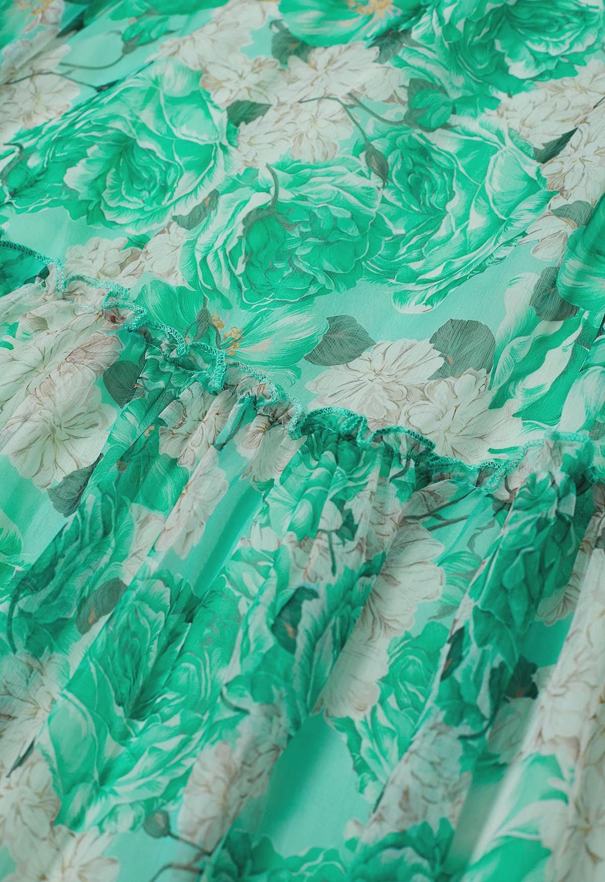 Transparentes Puppenkleid mit Blumenmuster und Puffärmeln in Grün