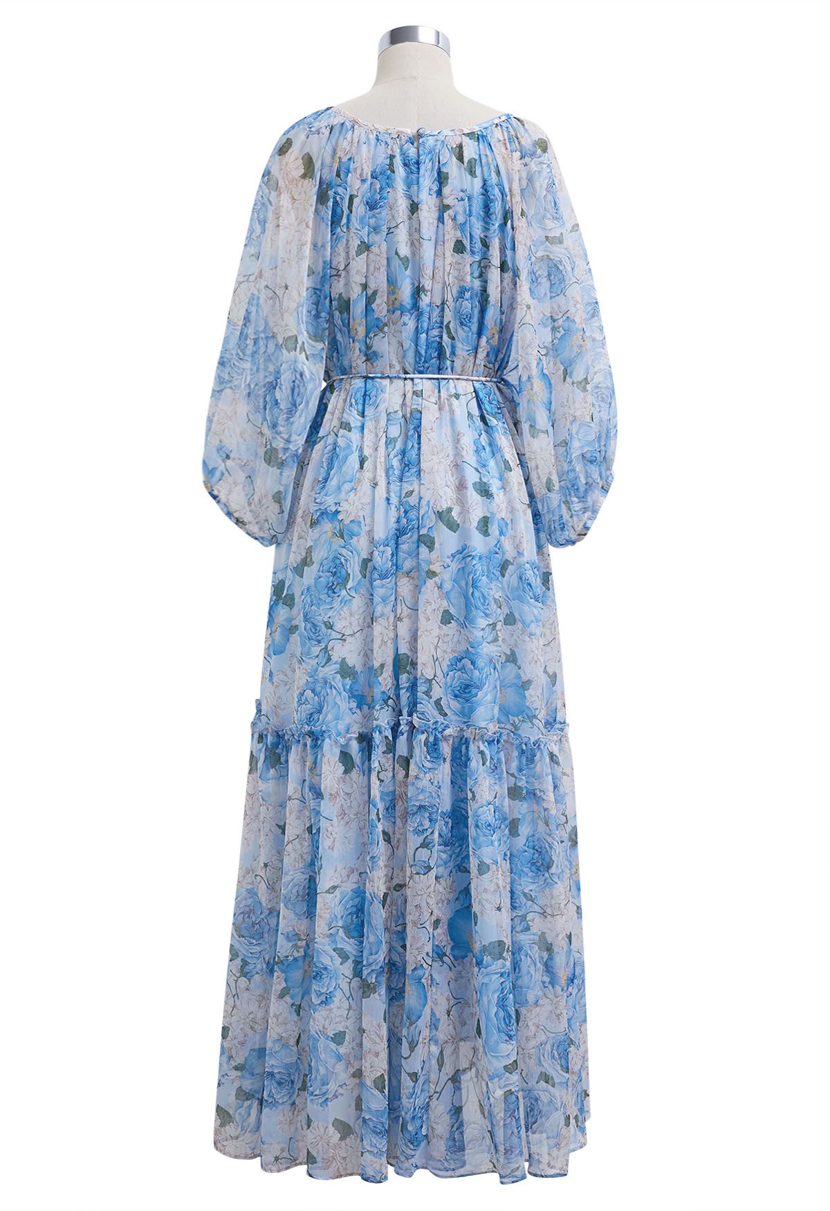 Transparentes Puppenkleid mit Blumenmuster und Puffärmeln in Blau