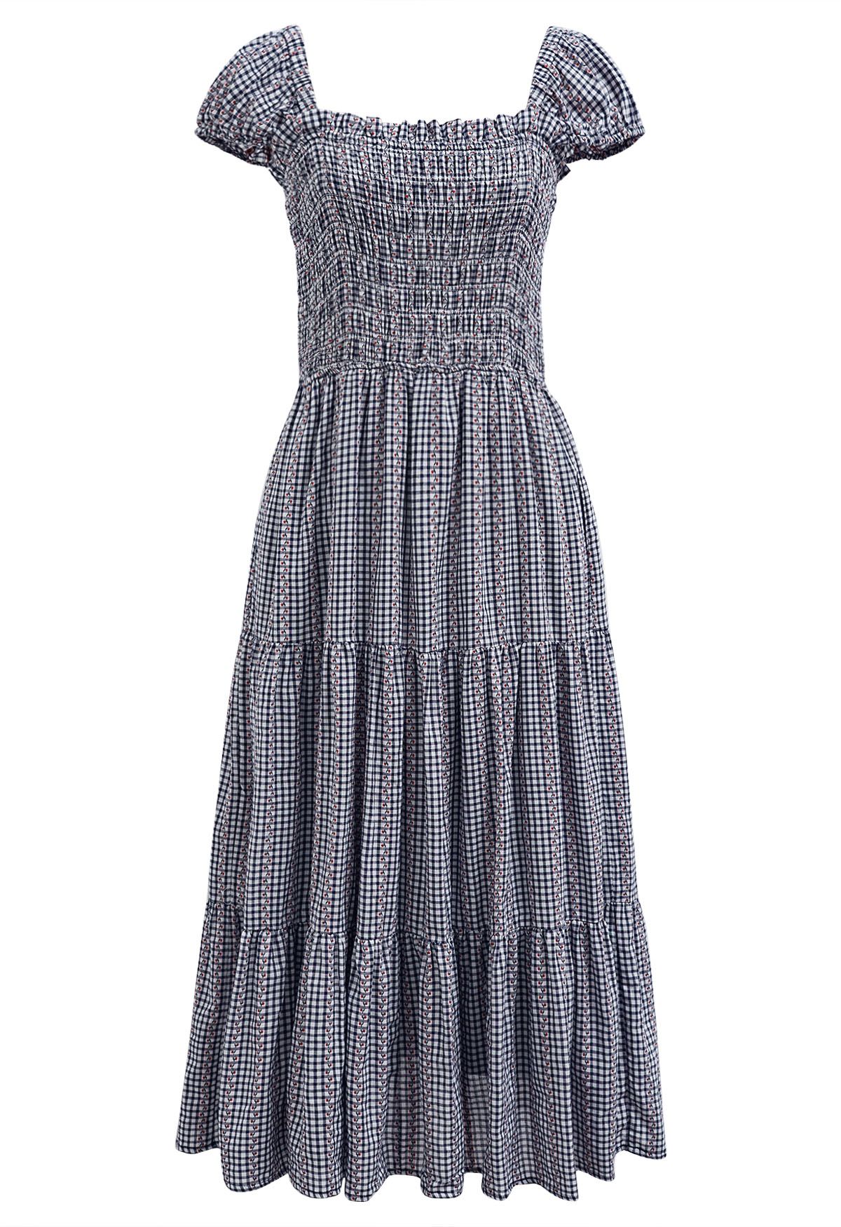 Gingham Charm Floret Midikleid mit eckigem Ausschnitt in Schwarz