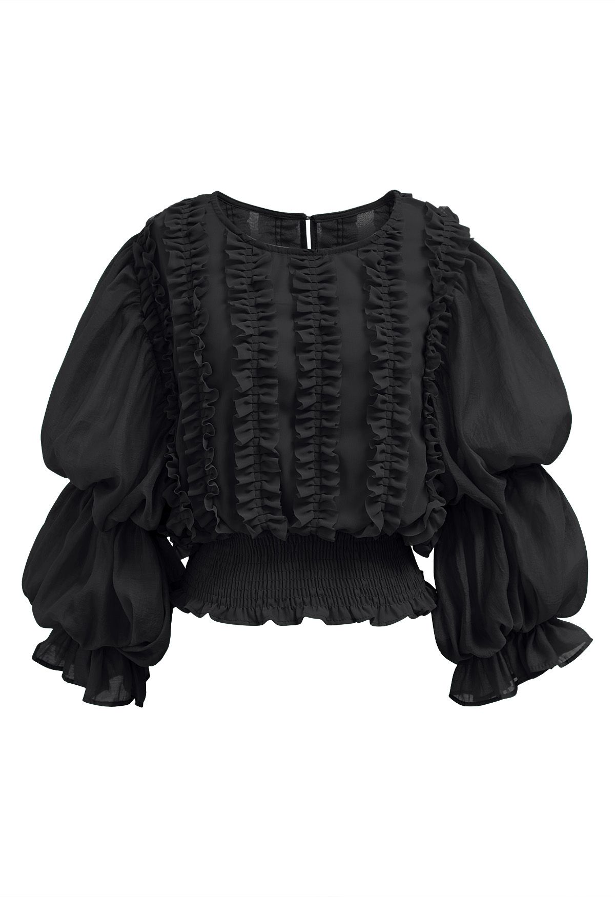 Kurzes Chiffon-Top mit Puffärmeln und Rüschenbesatz in Schwarz