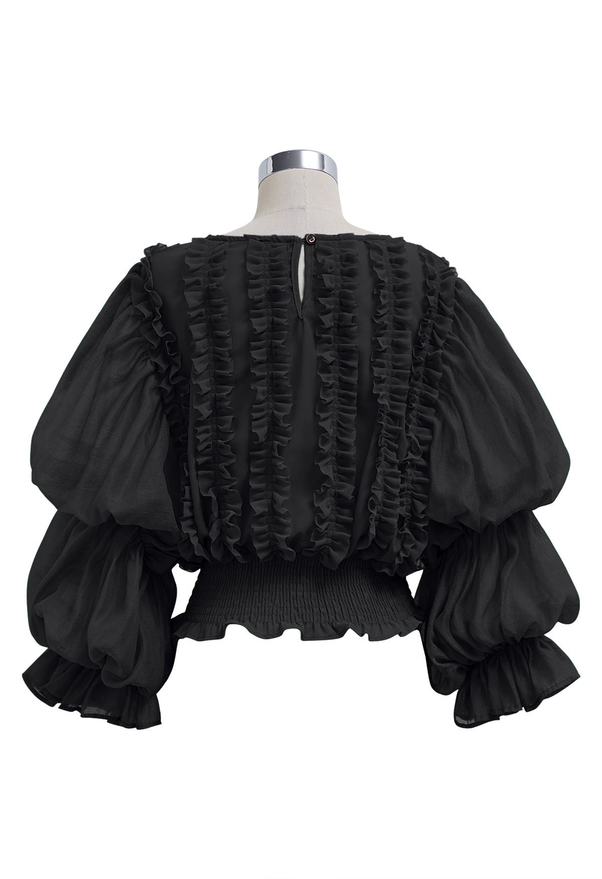 Kurzes Chiffon-Top mit Puffärmeln und Rüschenbesatz in Schwarz