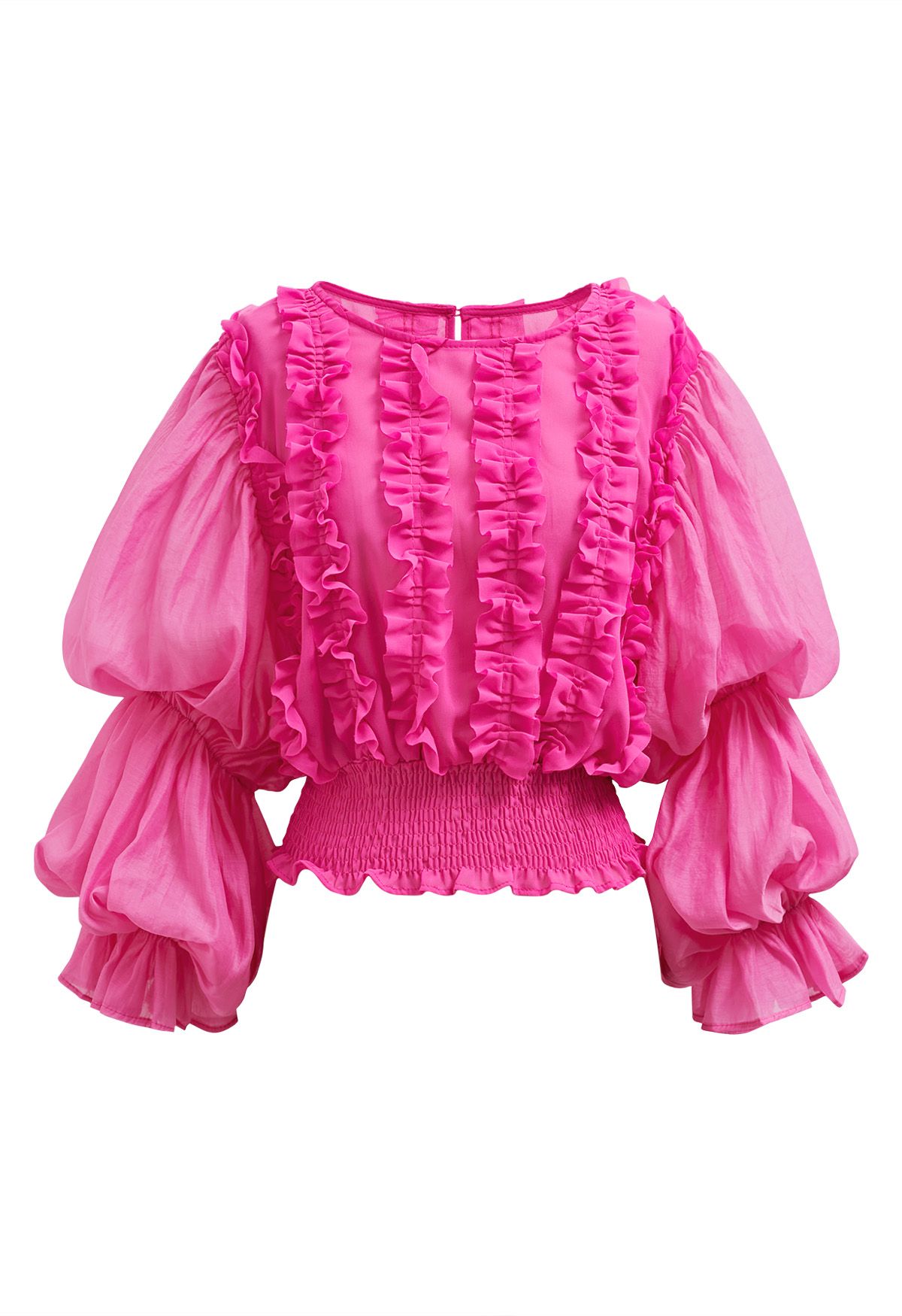 Kurzes Chiffon-Top mit Puffärmeln und Rüschenbesatz in Magenta