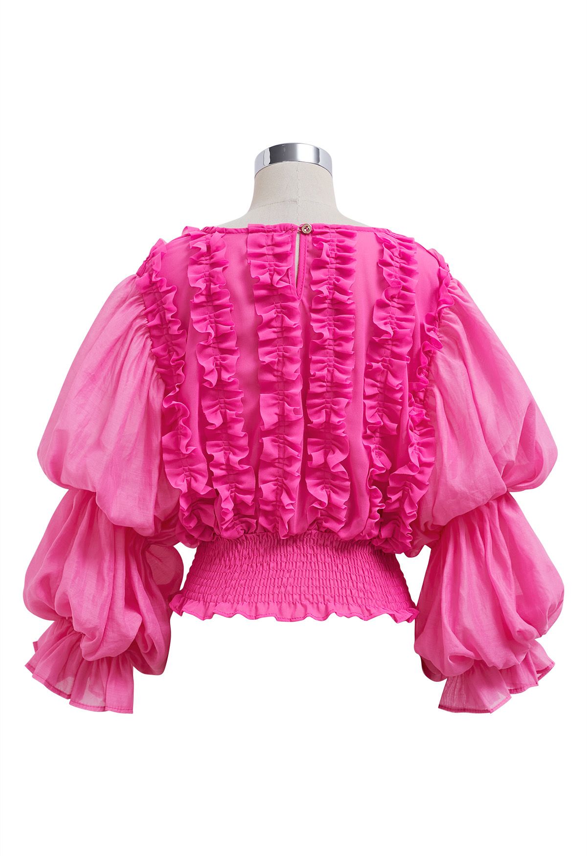 Kurzes Chiffon-Top mit Puffärmeln und Rüschenbesatz in Magenta