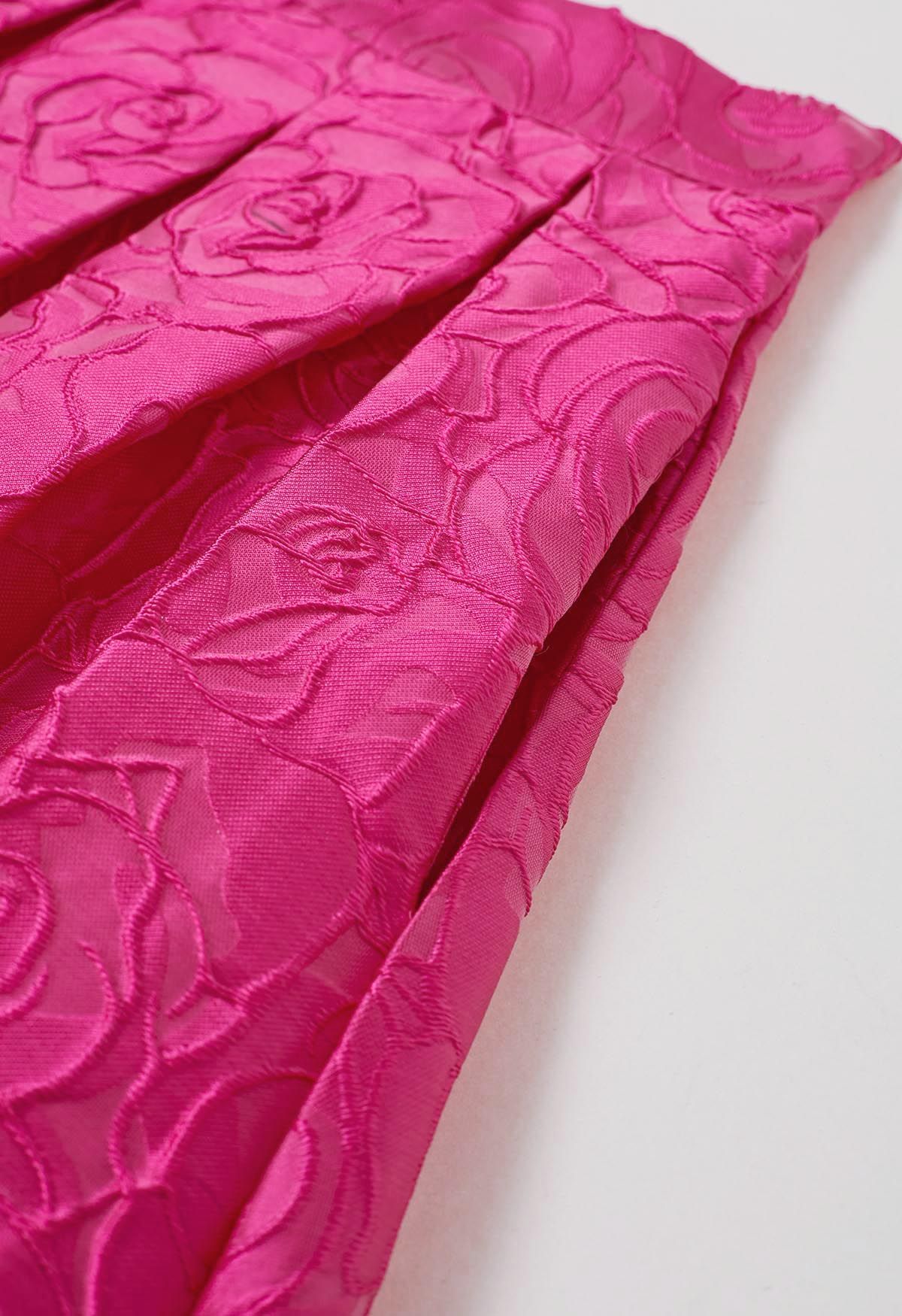 Jacquard-Midirock mit Plissierung und Seitentaschen in Hot Pink mit Rosen