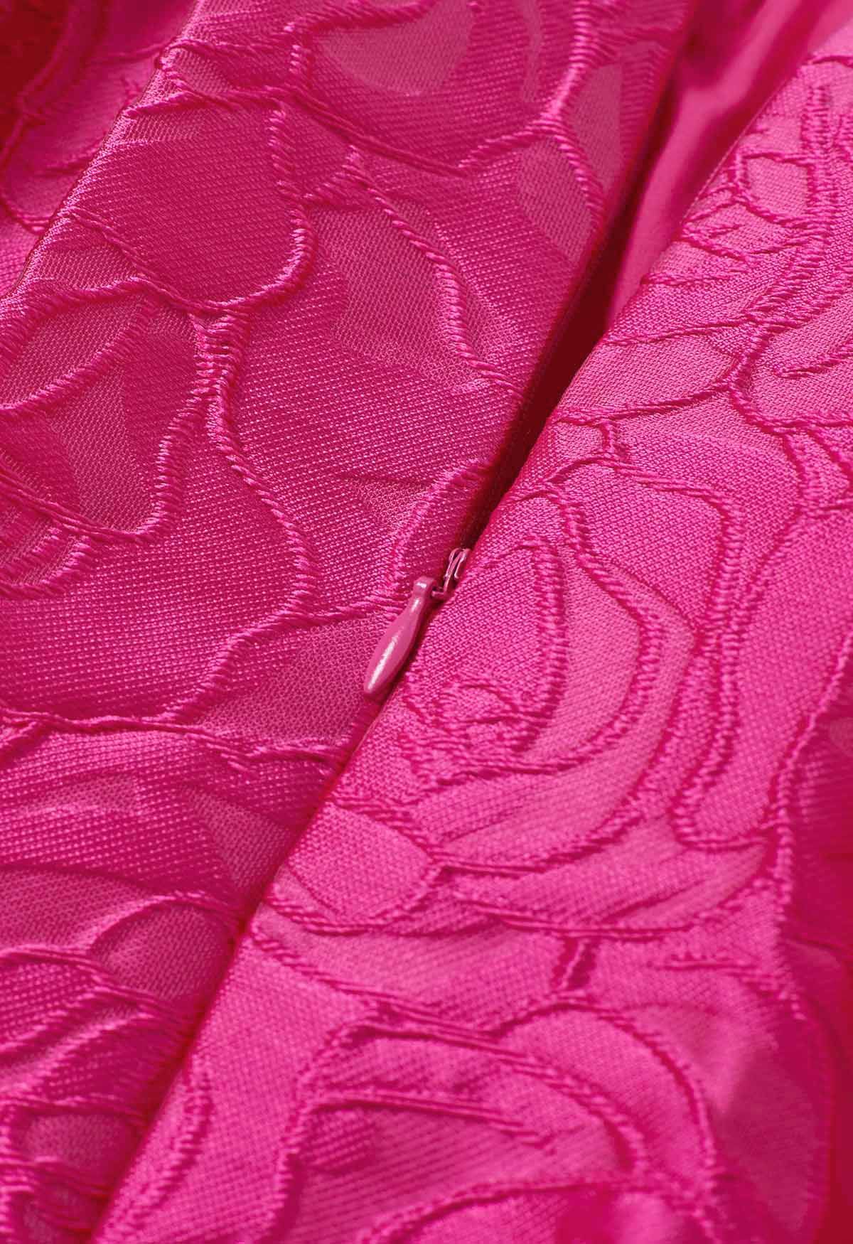 Jacquard-Midirock mit Plissierung und Seitentaschen in Hot Pink mit Rosen