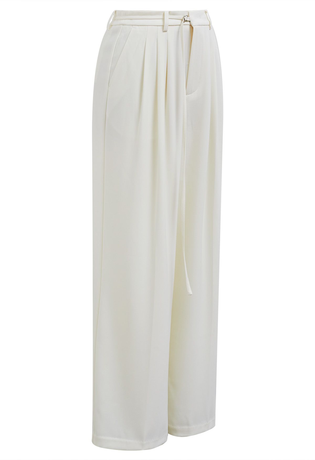 Plissierte Hose mit geradem Bein und verstellbarem Gürtel in Creme