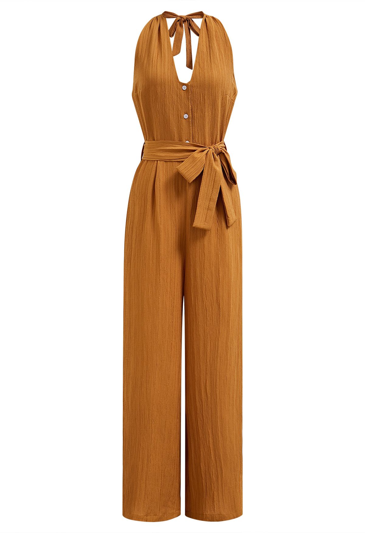 Strukturierter Neckholder-Jumpsuit mit weitem Bein und Bindegürtel