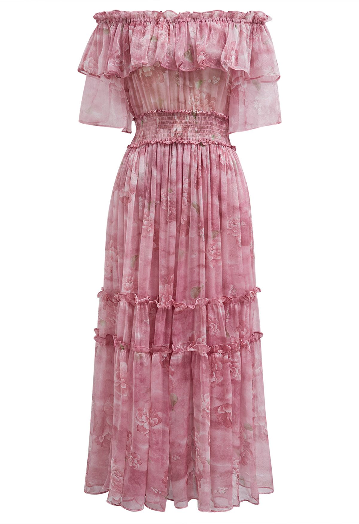 Summer Days – Schulterfreies Chiffonkleid mit Blumenmuster und Rüschen in Rosa