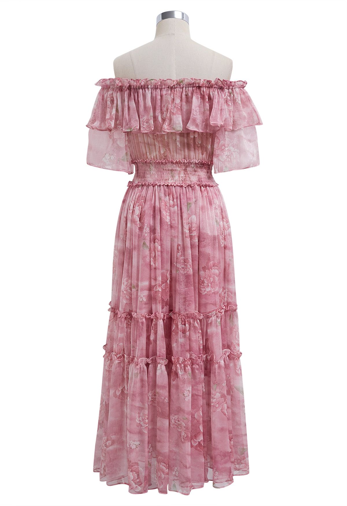 Summer Days – Schulterfreies Chiffonkleid mit Blumenmuster und Rüschen in Rosa