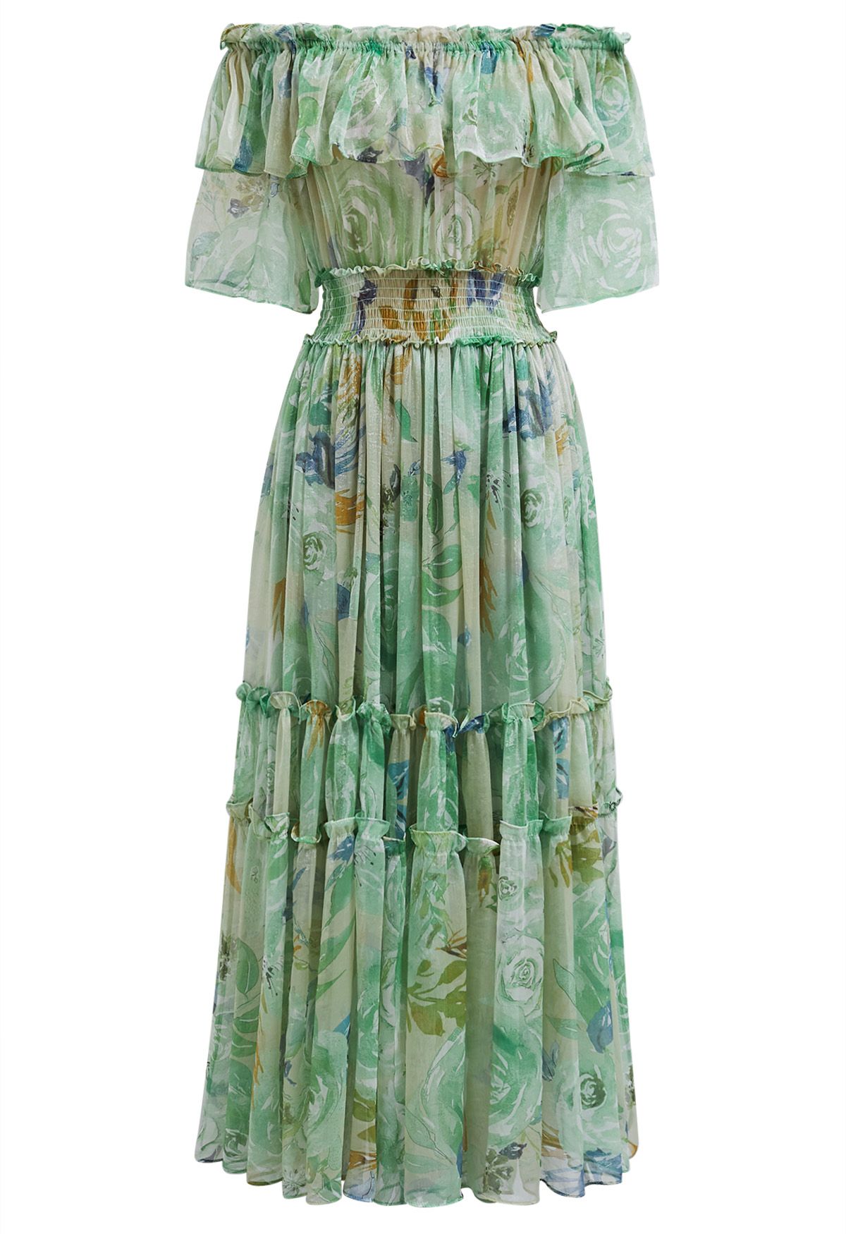 Summer Days – Schulterfreies Chiffonkleid mit Blumenmuster und Rüschen in Grün