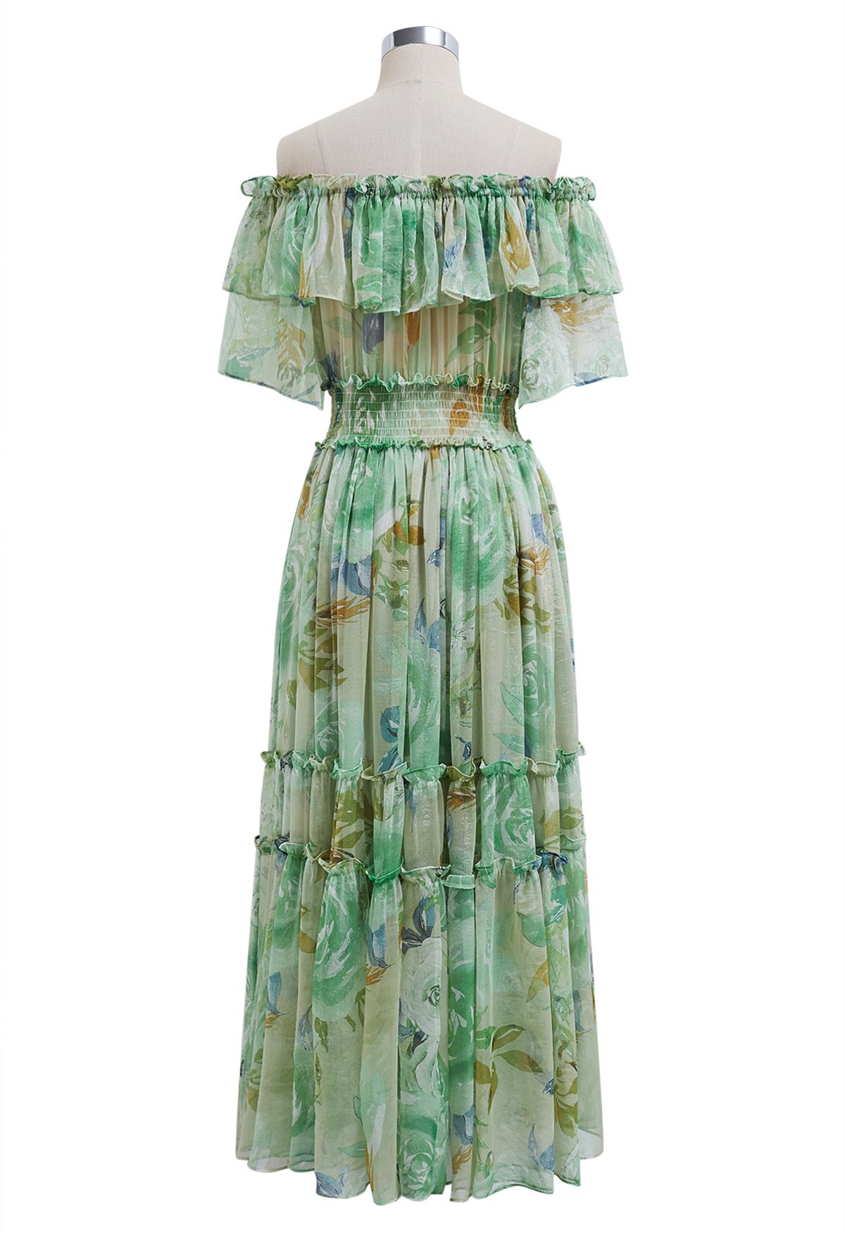 Summer Days – Schulterfreies Chiffonkleid mit Blumenmuster und Rüschen in Grün