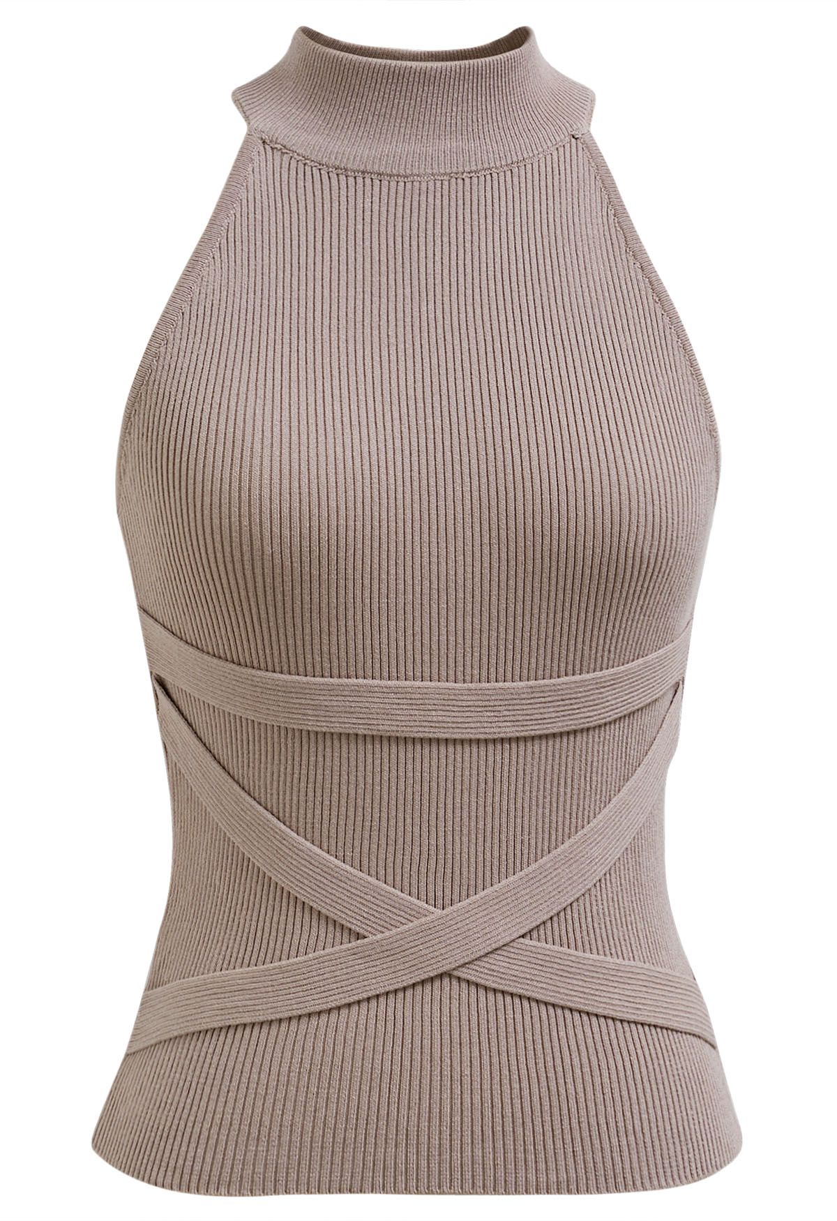 Ärmelloses Neckholder-Stricktop mit überkreuzten Bändern in Taupe