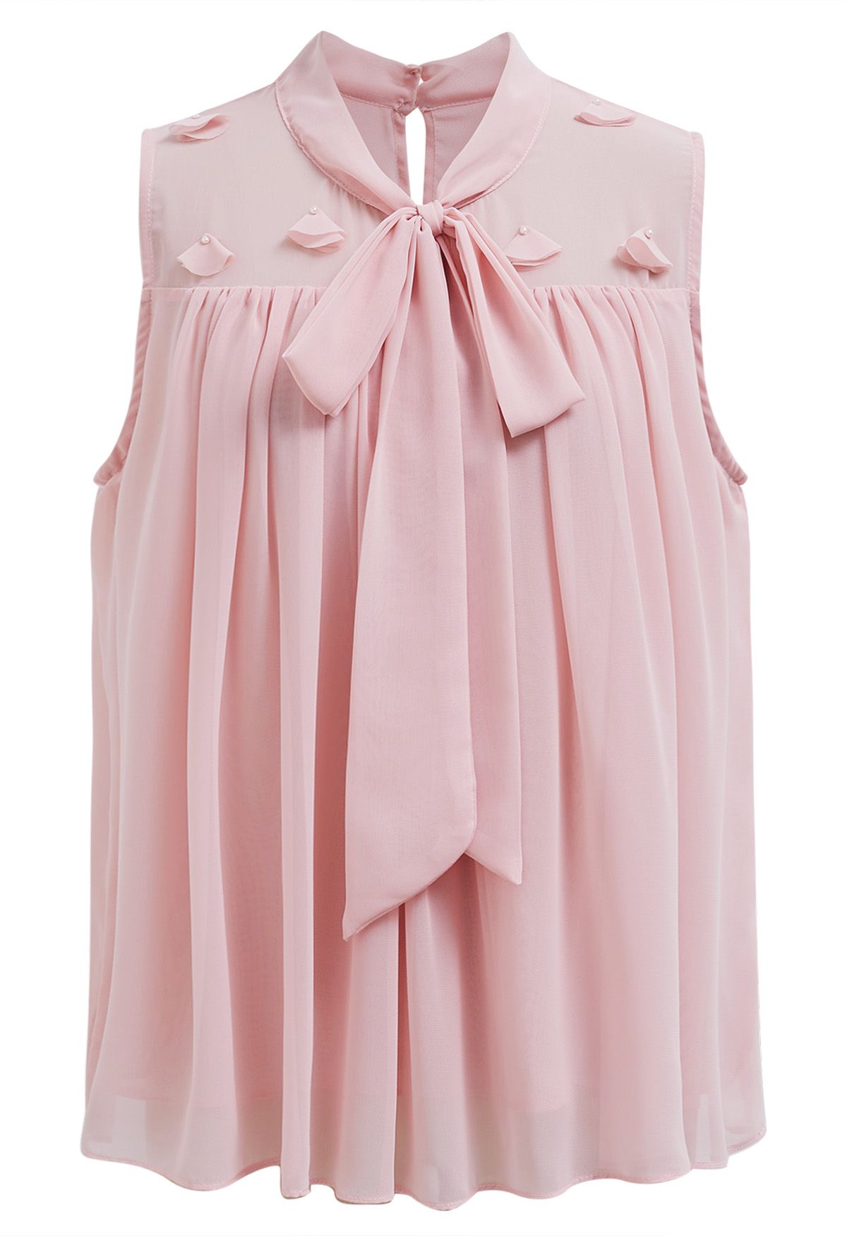 Ärmelloses Chiffon-Top mit Perlenblütenblatt-Schleife in Rosa