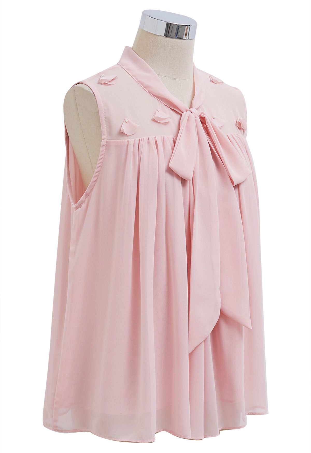 Ärmelloses Chiffon-Top mit Perlenblütenblatt-Schleife in Rosa