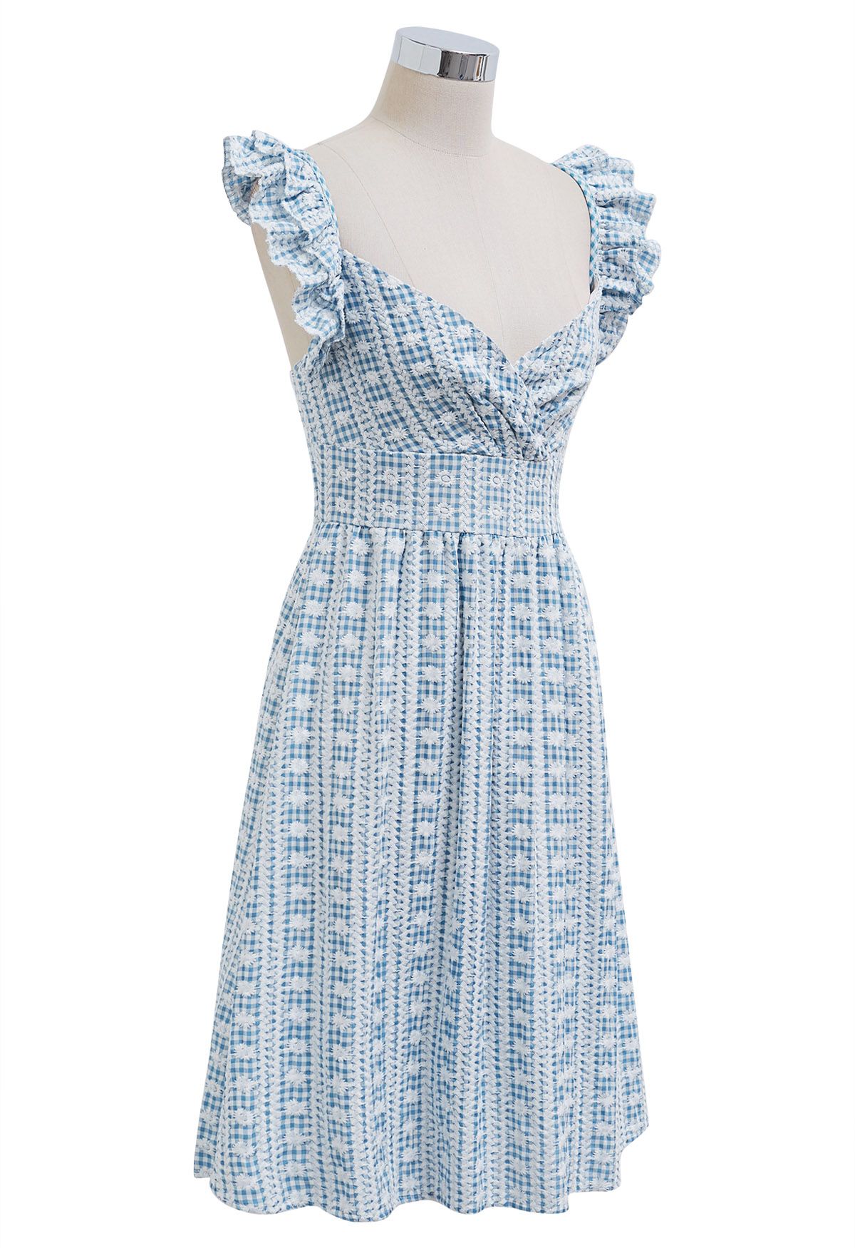 Mini-Camisole-Kleid mit Gingham-Muster und Gänseblümchen-Stickerei