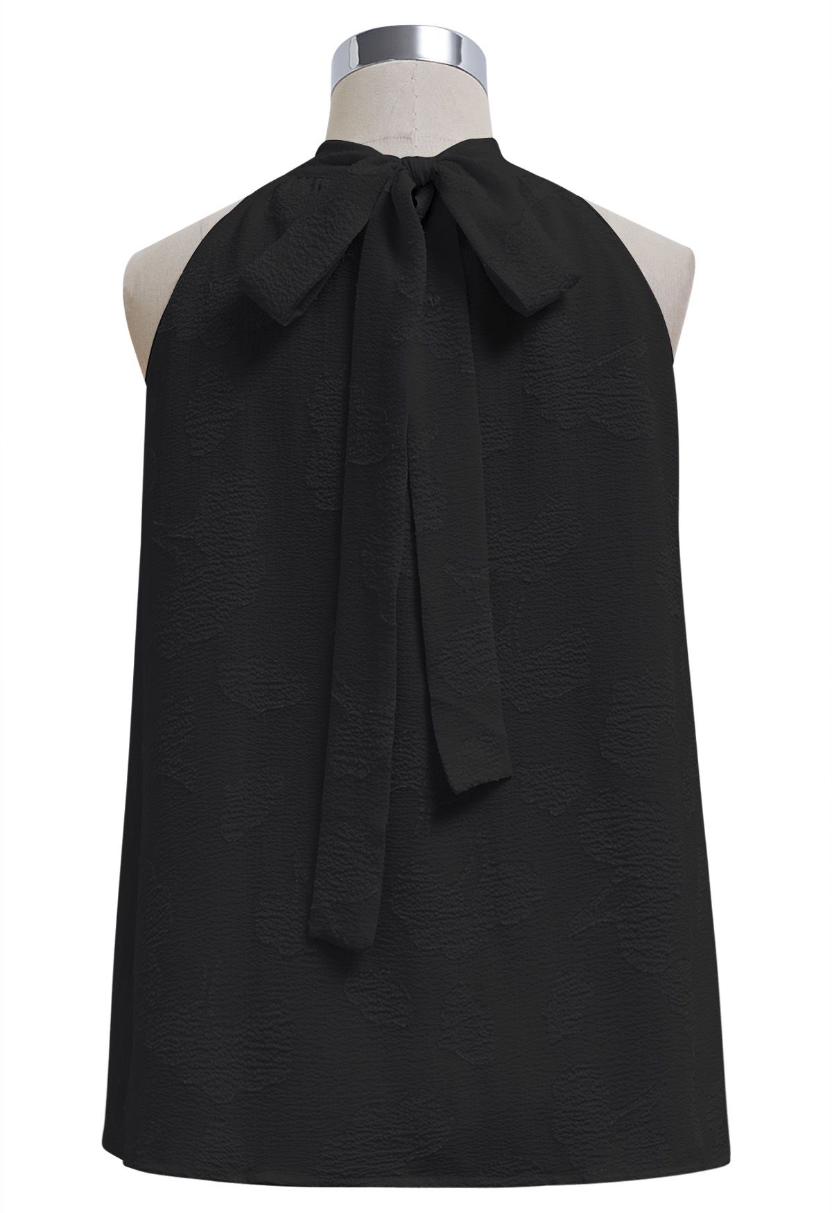 Neckholder-Top mit floraler Prägung und Schleife in Schwarz