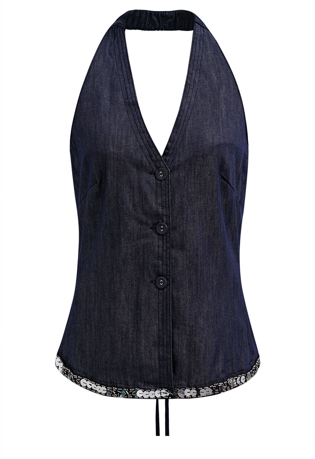 Neckholder-Top aus Denim mit Knopfleiste und Paillettensaum