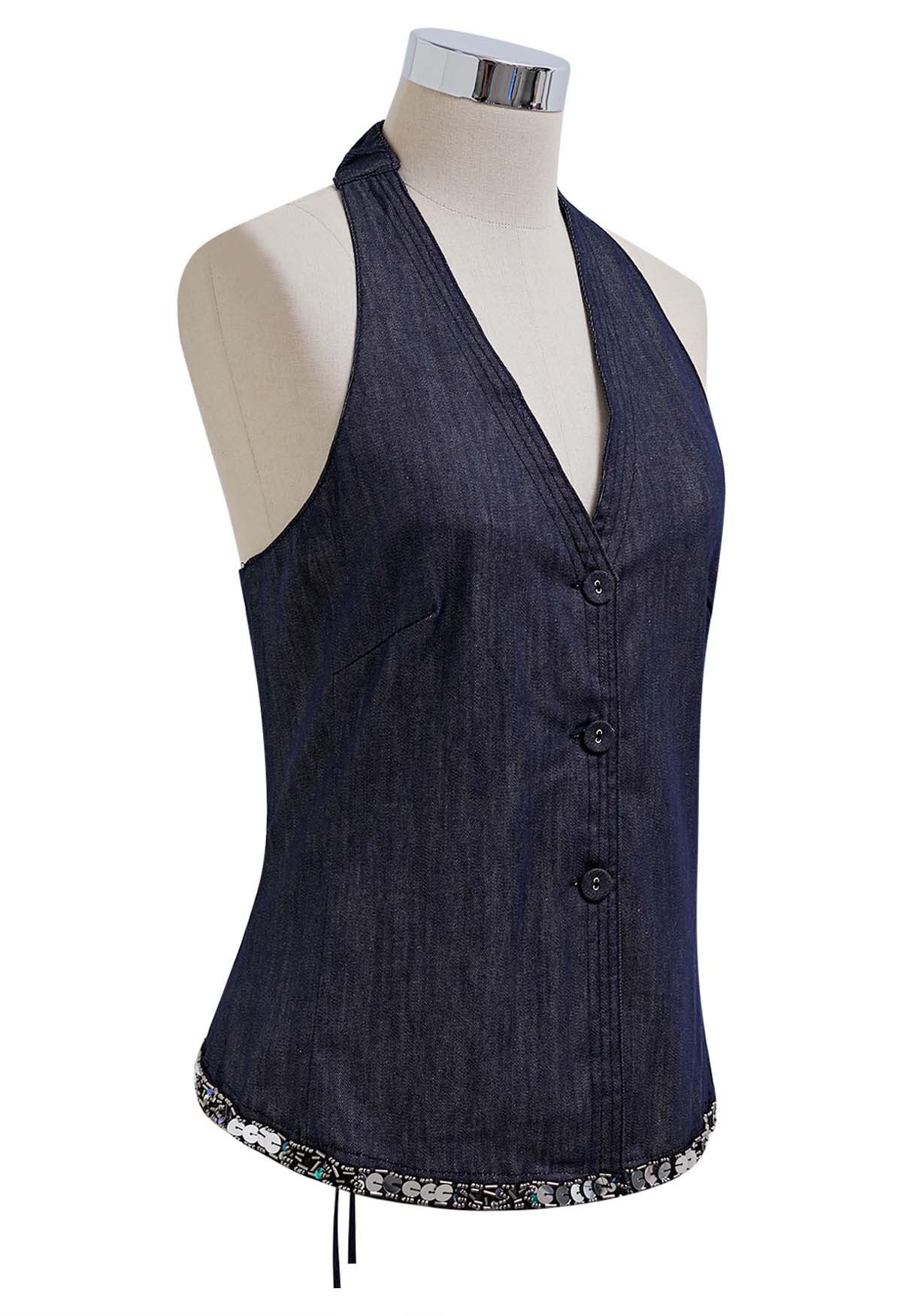 Neckholder-Top aus Denim mit Knopfleiste und Paillettensaum