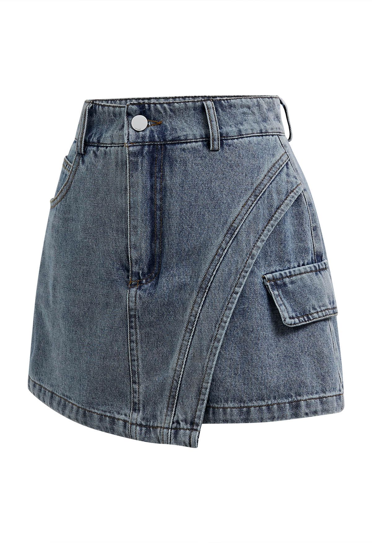 Edgy – Jeans-Skorts mit abgerundeten Nähten und Klappe in Hellblau