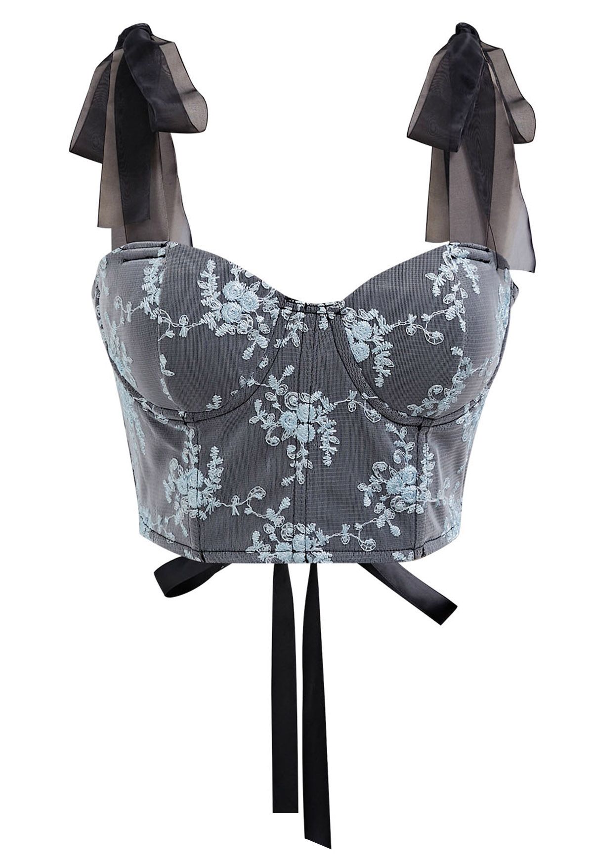 Blaues Bustier-Top mit Blumenstickerei und Bindeträgern in Rauch