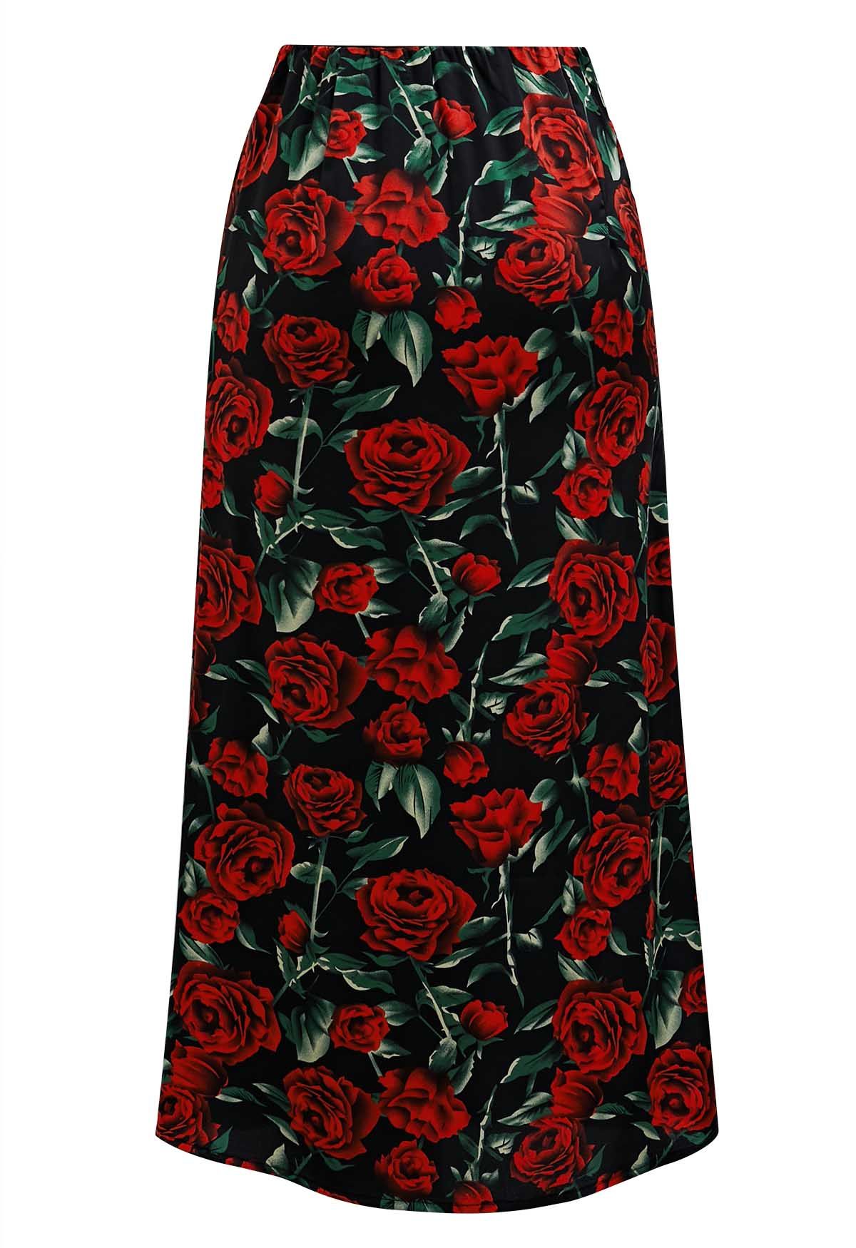 Roter Midirock mit Rosen-Print