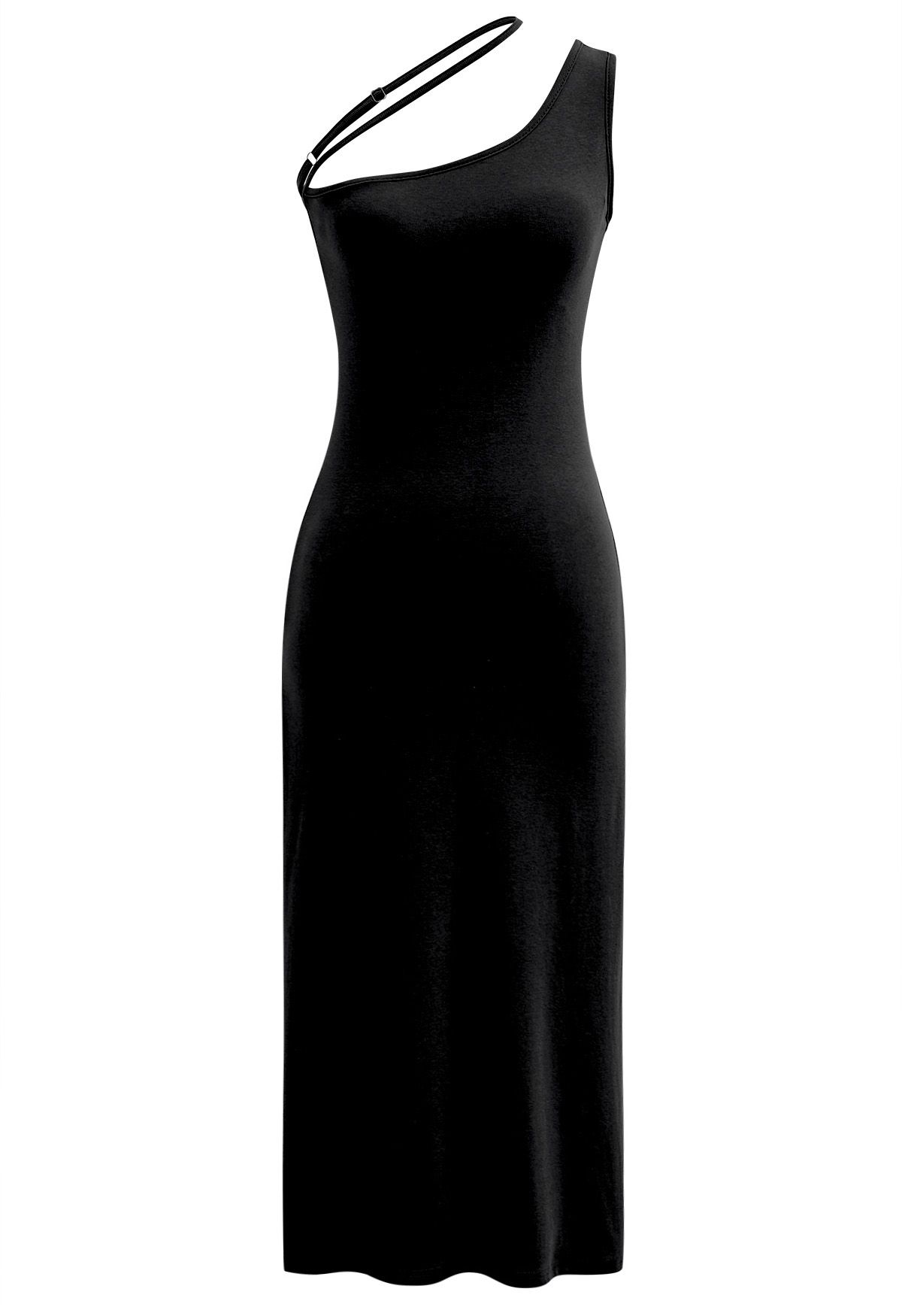 Schräges, figurbetontes Midikleid mit One-Shoulder-Träger in Schwarz