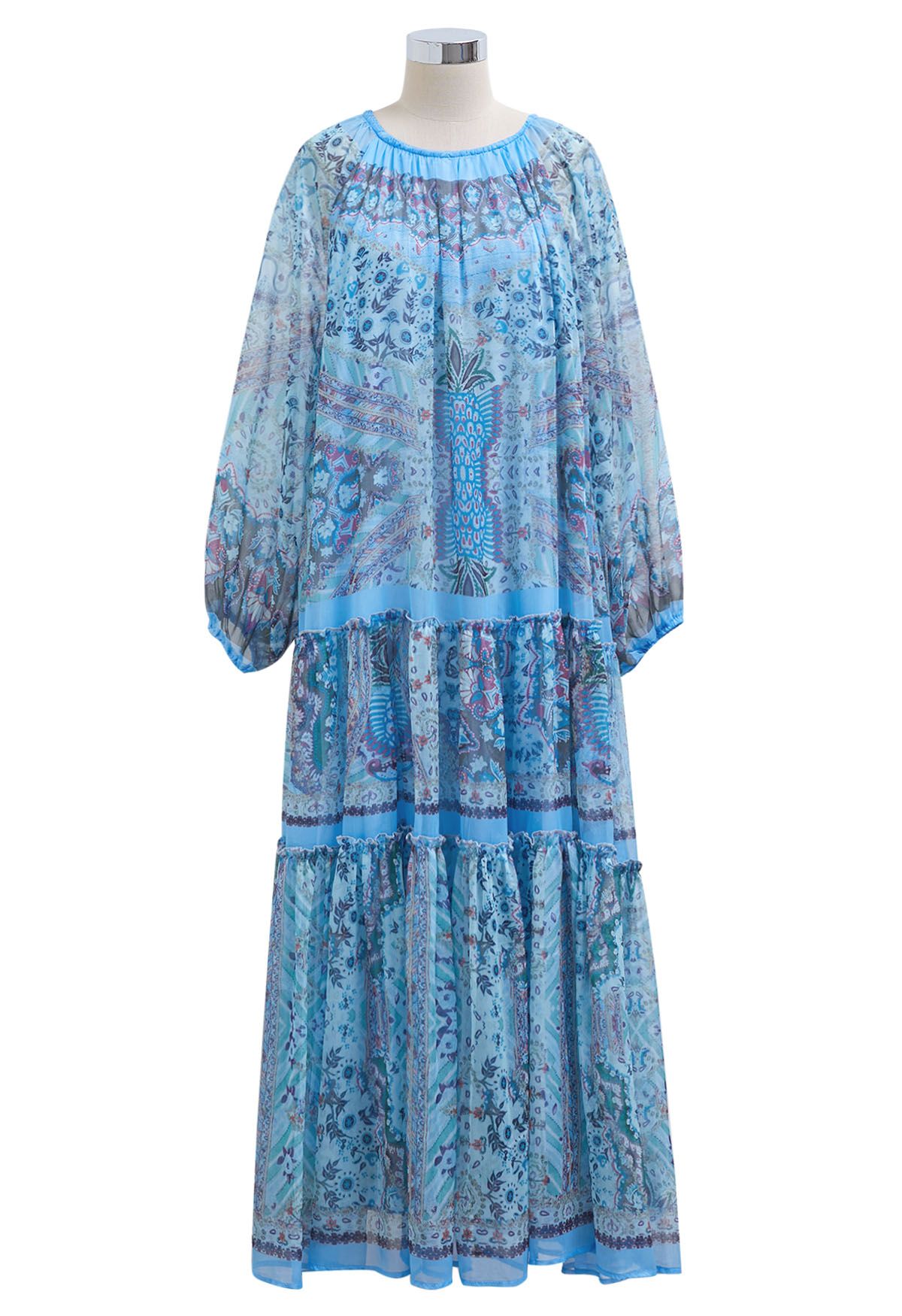 Mystic Garden – Maxikleid mit Puffärmeln und Rüschen in Blau