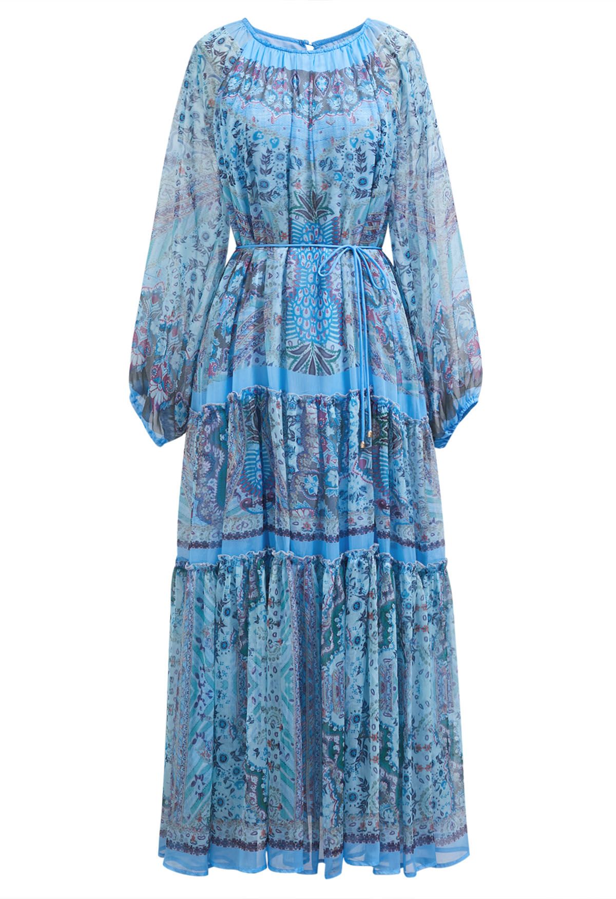 Mystic Garden – Maxikleid mit Puffärmeln und Rüschen in Blau