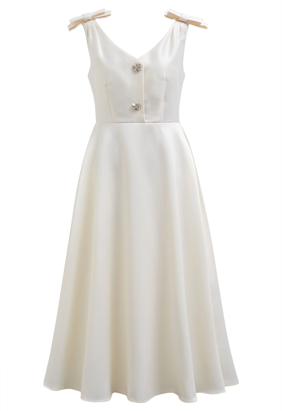 Midikleid mit Schleife an der Schulter und Zirkonia-Knöpfen in Creme