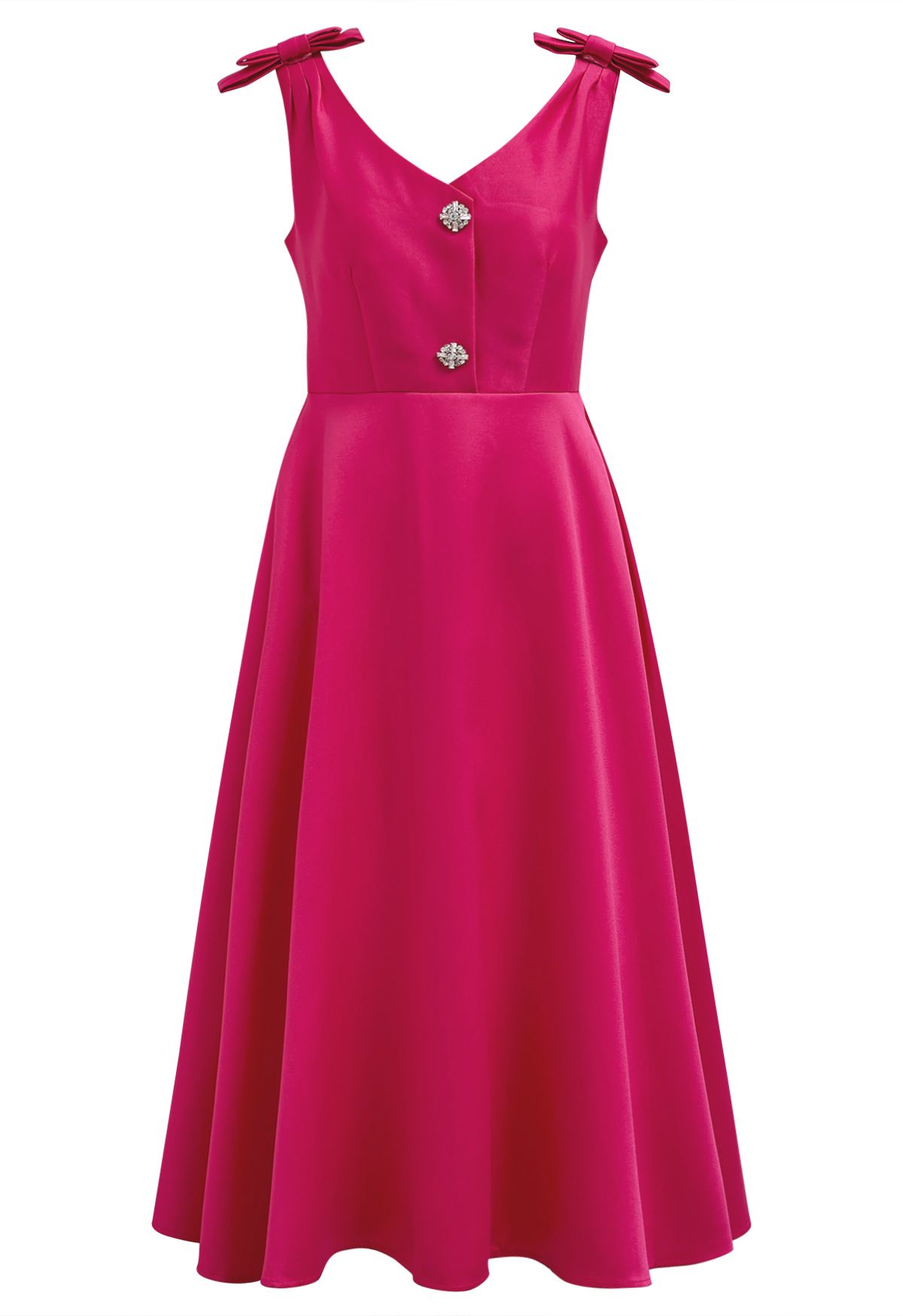 Midikleid mit Schleife an der Schulter und Zirkonia-Knöpfen in Magenta