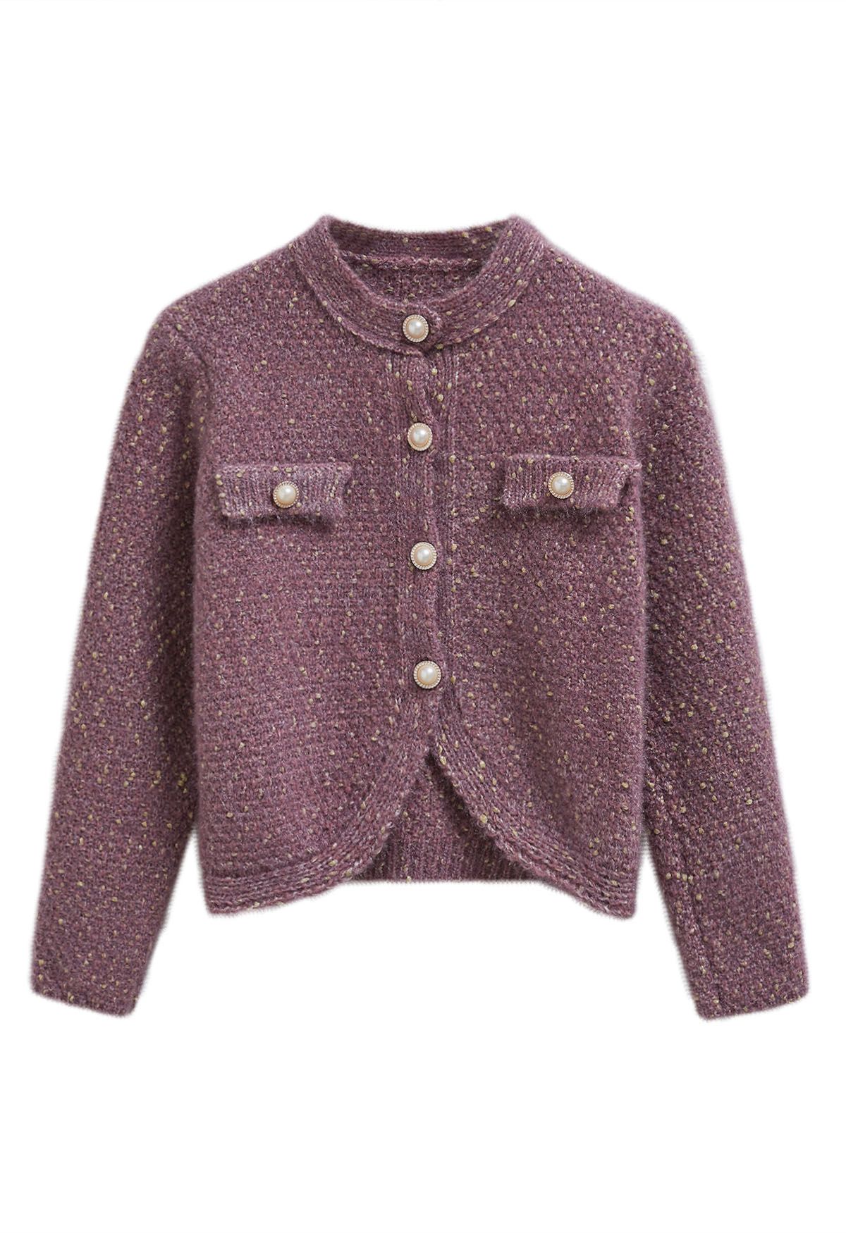 Flauschiger Button-Down-Cardigan aus Strickmischung in Lila