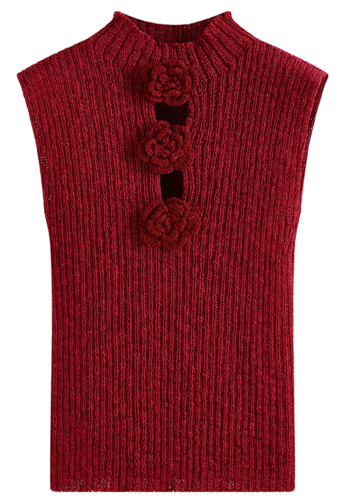 Ärmelloses Stricktop mit 3D-Häkelblumen in Rot