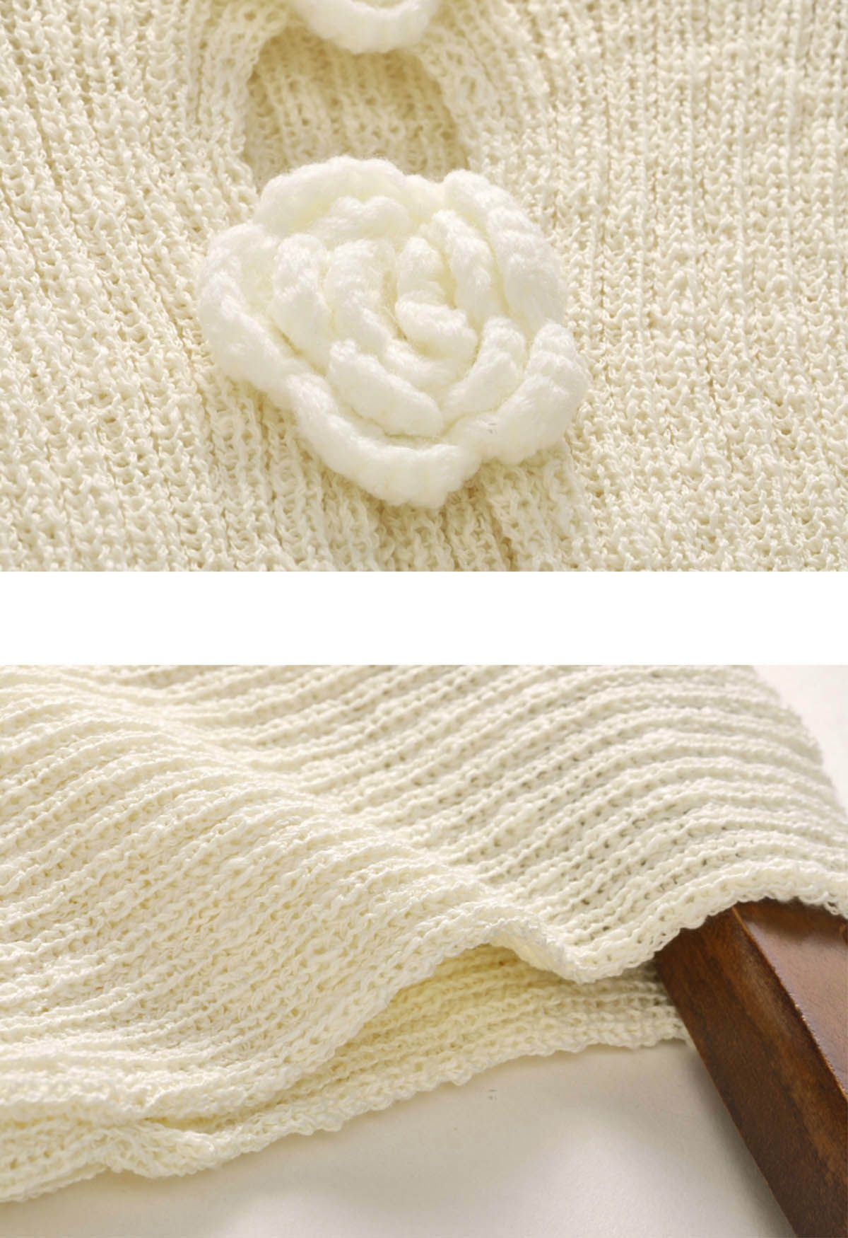 Ärmelloses Stricktop mit 3D-Häkelblumen in Creme