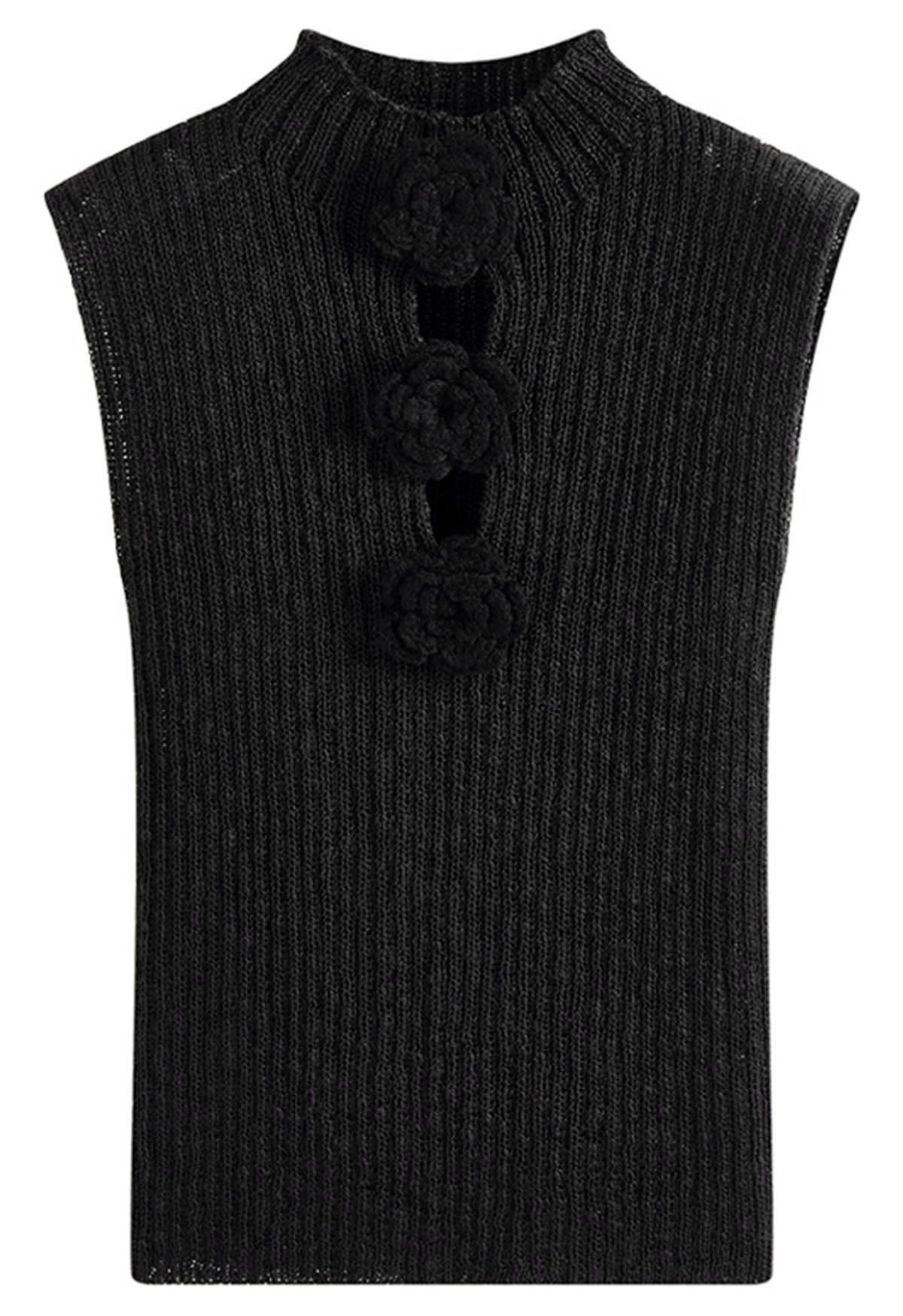 Ärmelloses Stricktop mit 3D-Häkelblumen in Schwarz