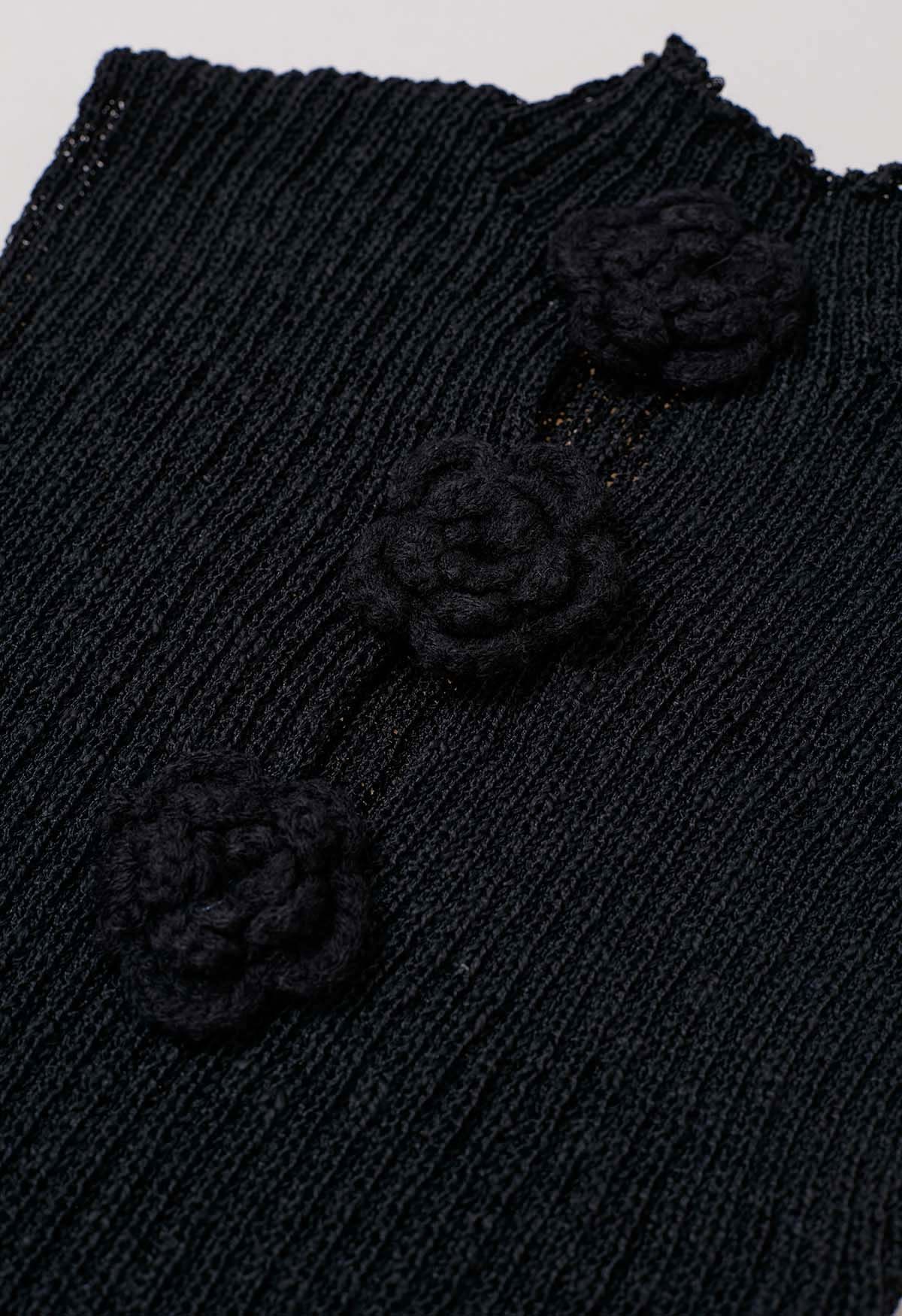 Ärmelloses Stricktop mit 3D-Häkelblumen in Schwarz