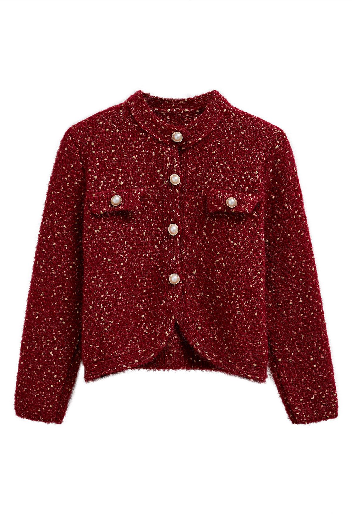 Flauschiger Button-Down-Cardigan aus Strickmischung in Rot