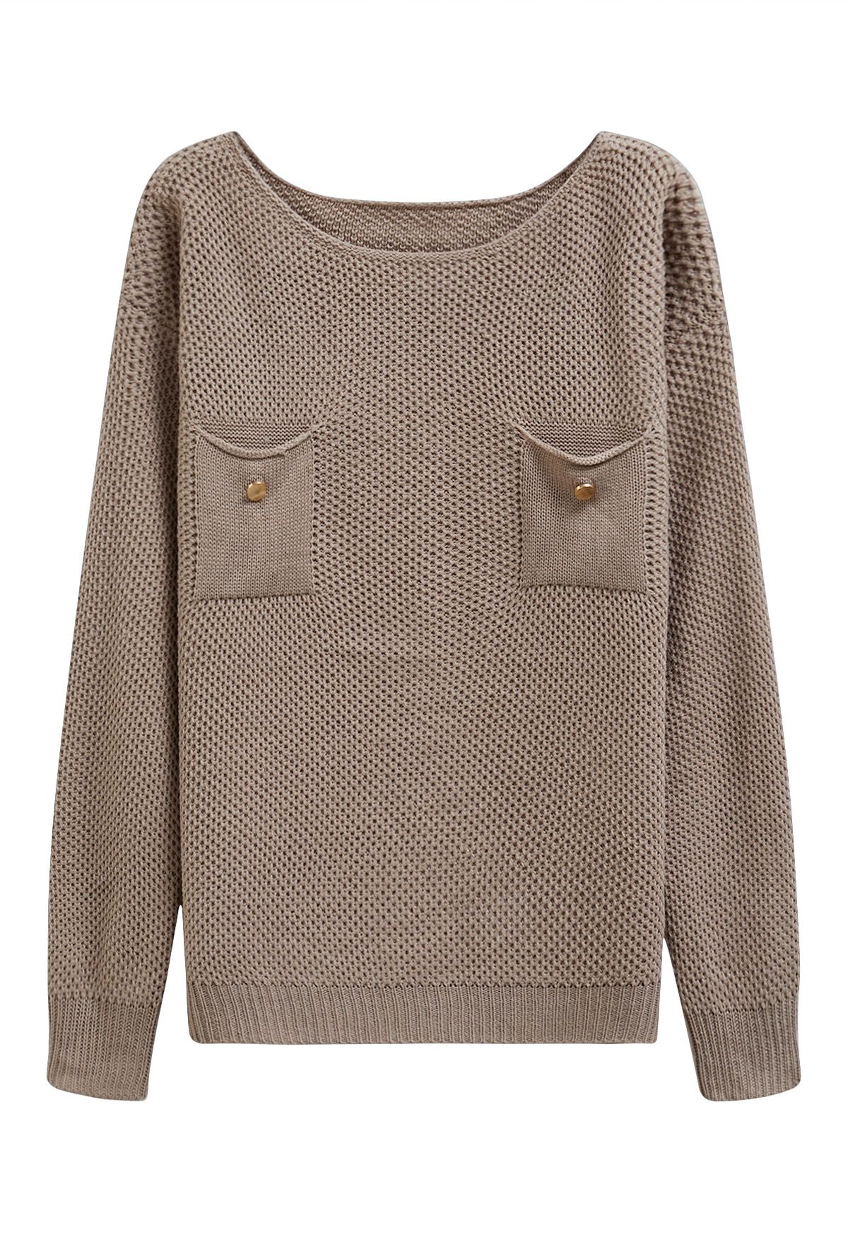 Mit Knöpfen verzierte Taschen-Waffel-Strickpullover in Khaki