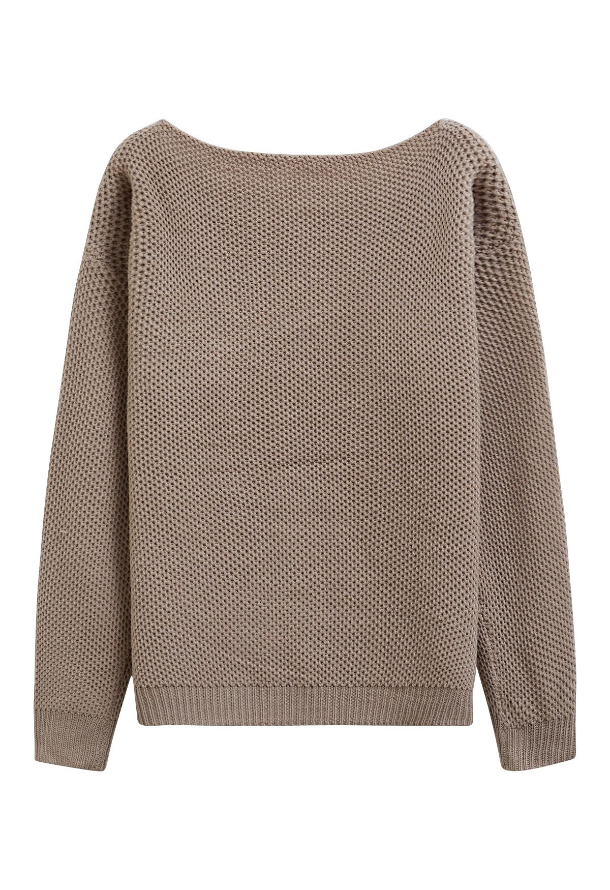 Mit Knöpfen verzierte Taschen-Waffel-Strickpullover in Khaki